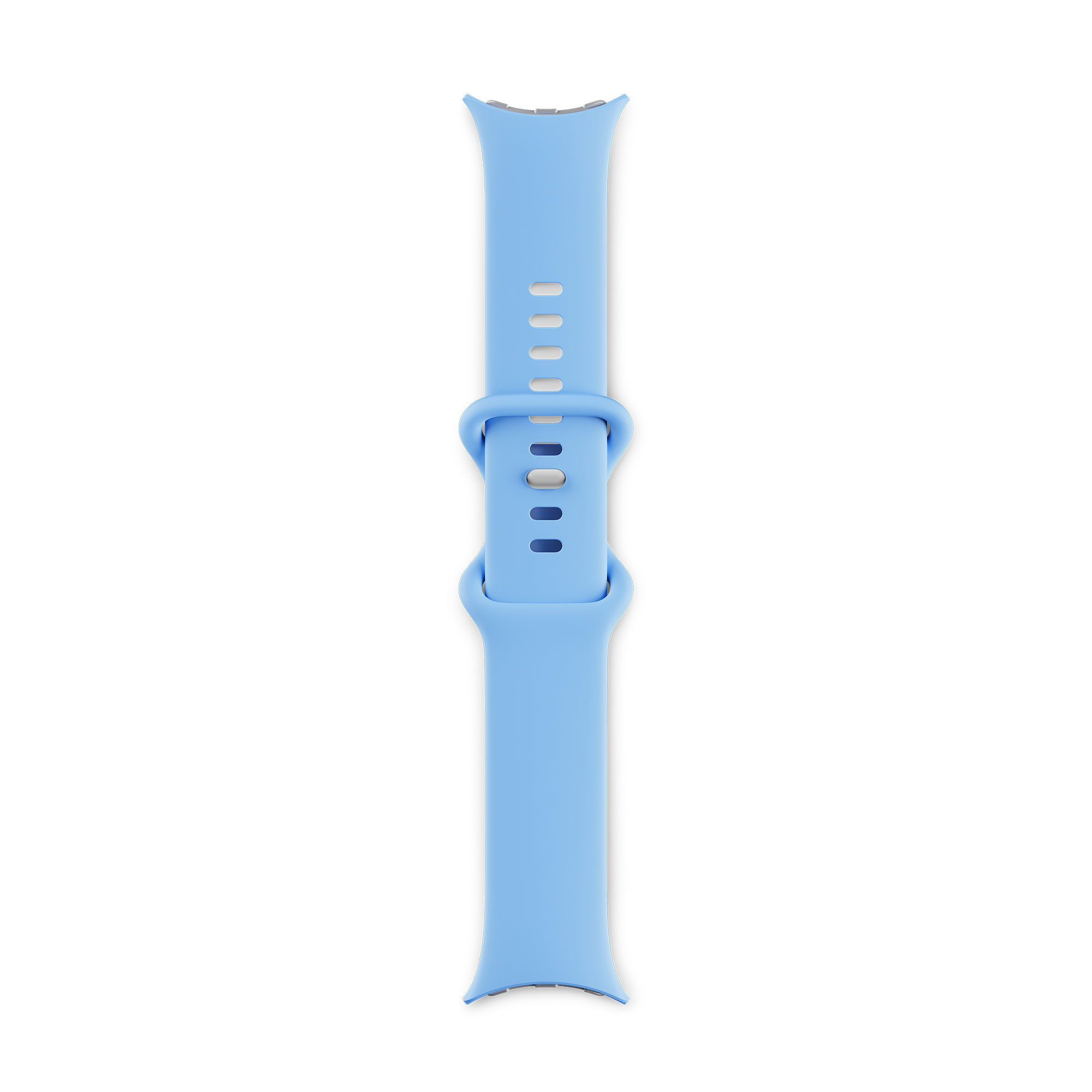 Hellblaues Uhrenarmband mit Schnalle. Das Armband besteht aus Silikon und hat ein schlichtes Design.