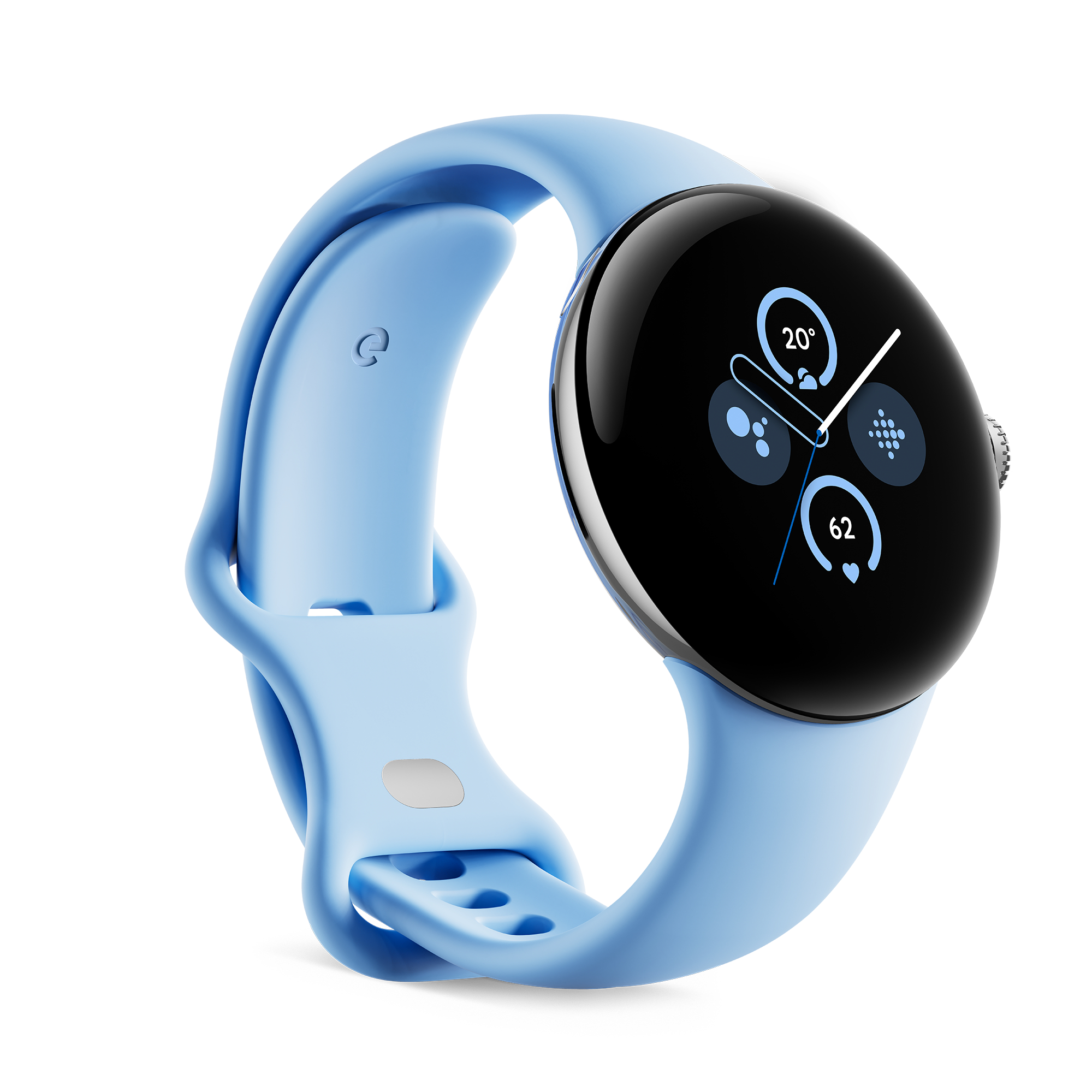 Blaue Smartwatch mit schwarzem Bildschirm. Zeigt Daten wie Zeit, Herzfrequenz und Aktivität.