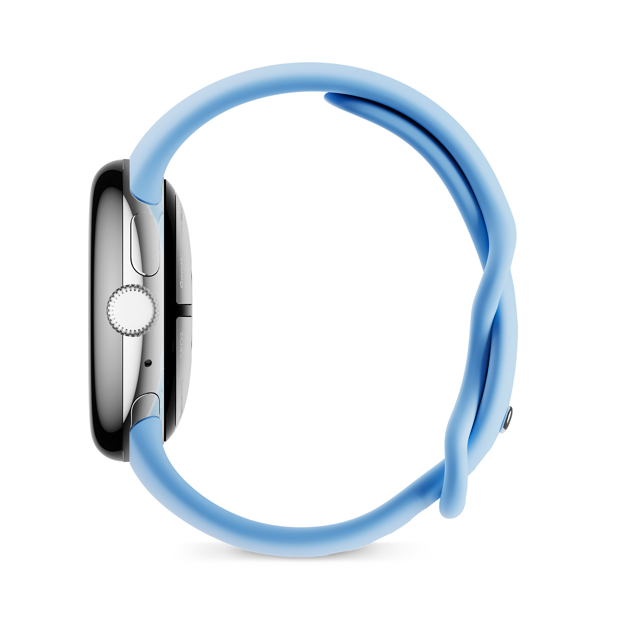 Eine silberne Smartwatch mit blauem Armband, von der Seite betrachtet, auf weißem Hintergrund.