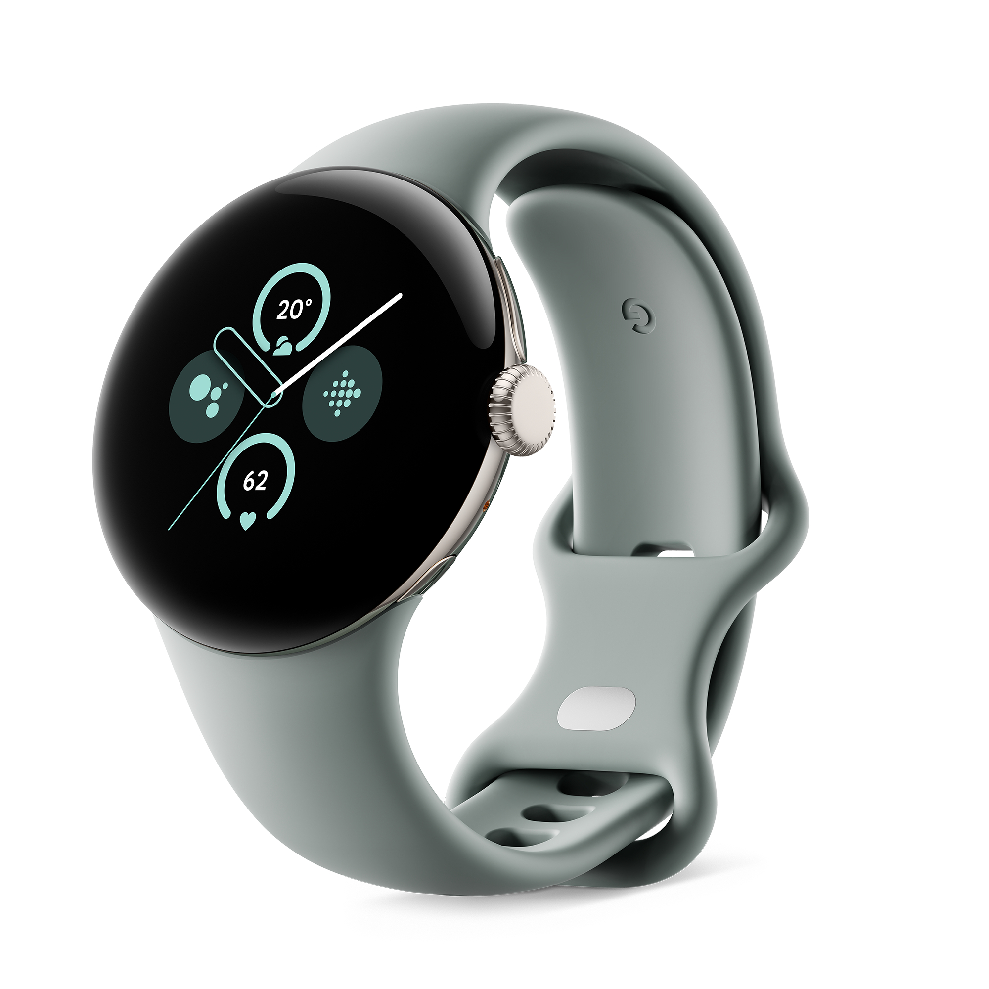 Eine graue Smartwatch mit rundem Zifferblatt und grauem Armband.