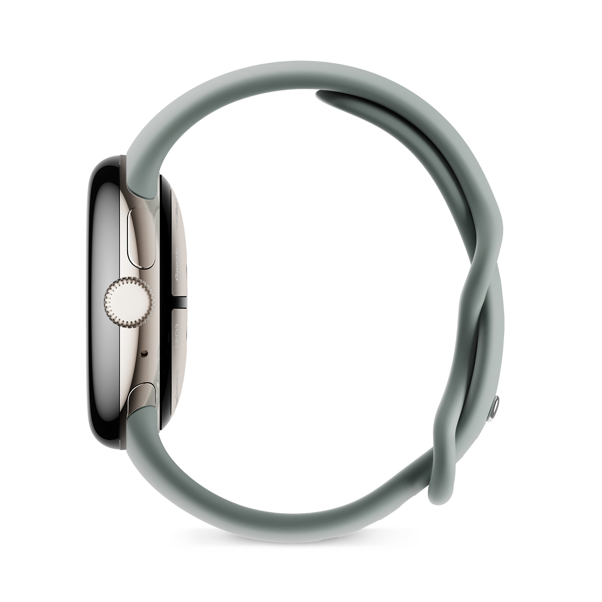 Seitenansicht einer Smartwatch mit grauem Armband. Weißer Hintergrund.