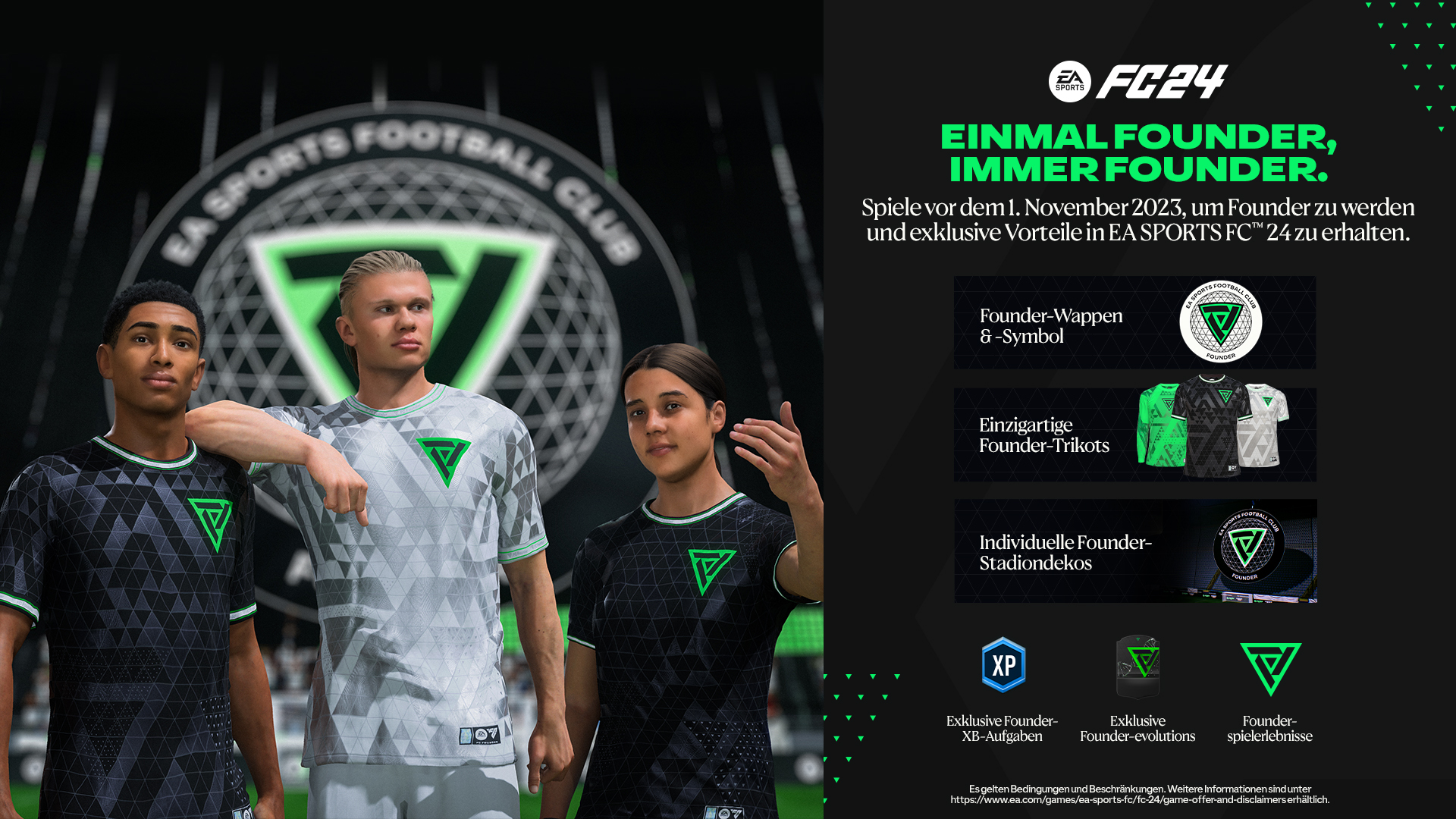 Drei Fußballspieler tragen T-Shirts vor grünem und schwarzem Hintergrund.