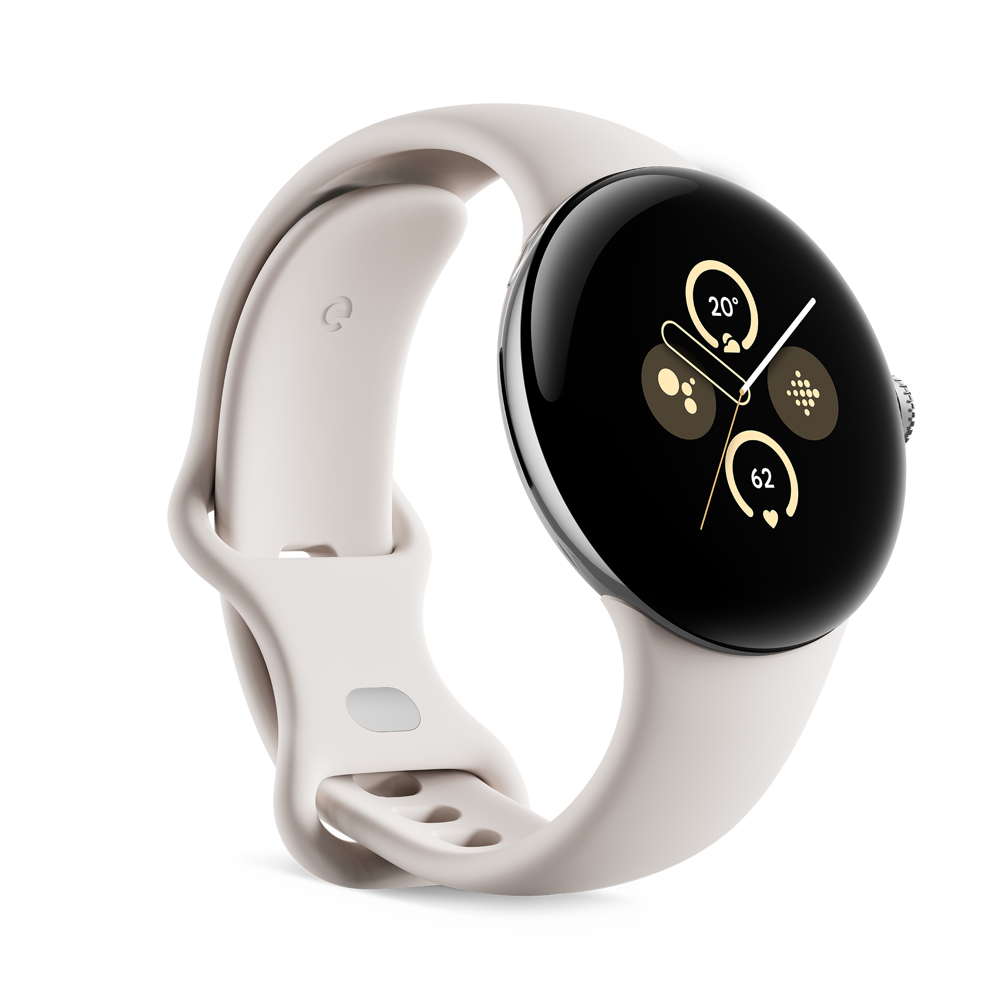 Eine hellgraue Smartwatch mit rundem Bildschirm, der Zeit und Gesundheitsdaten anzeigt, auf weißem Hintergrund.