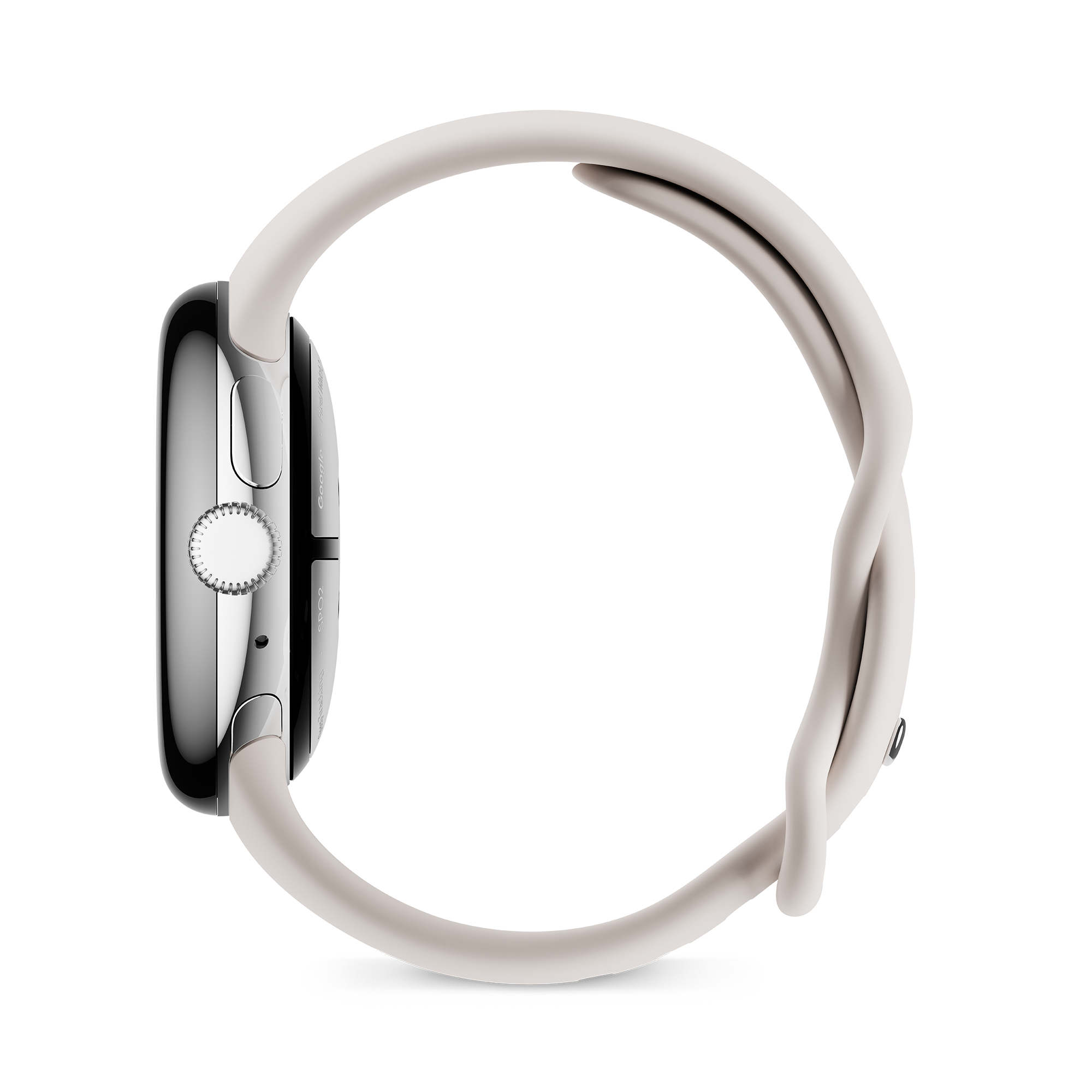 Seitenansicht einer weißen Smartwatch mit hellem Armband.
