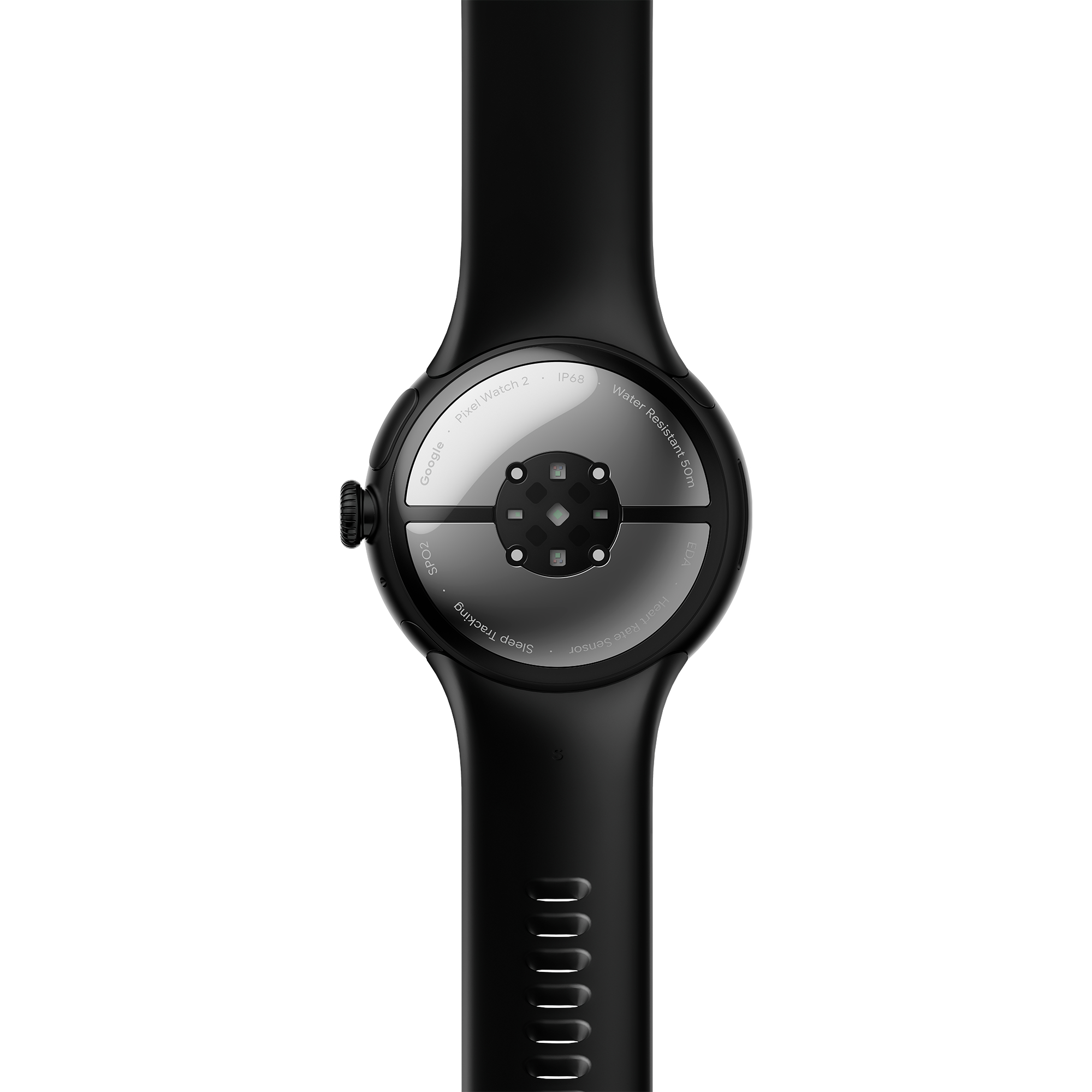 Rückseite einer schwarzen Pixel Watch 2. Nahaufnahme des Sensors und des Armbandanschlusses. Schwarzes Armband.