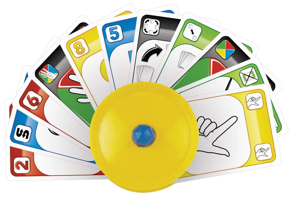 Ein Fächer von Uno-Karten und ein gelber Plastik-Spinner.
