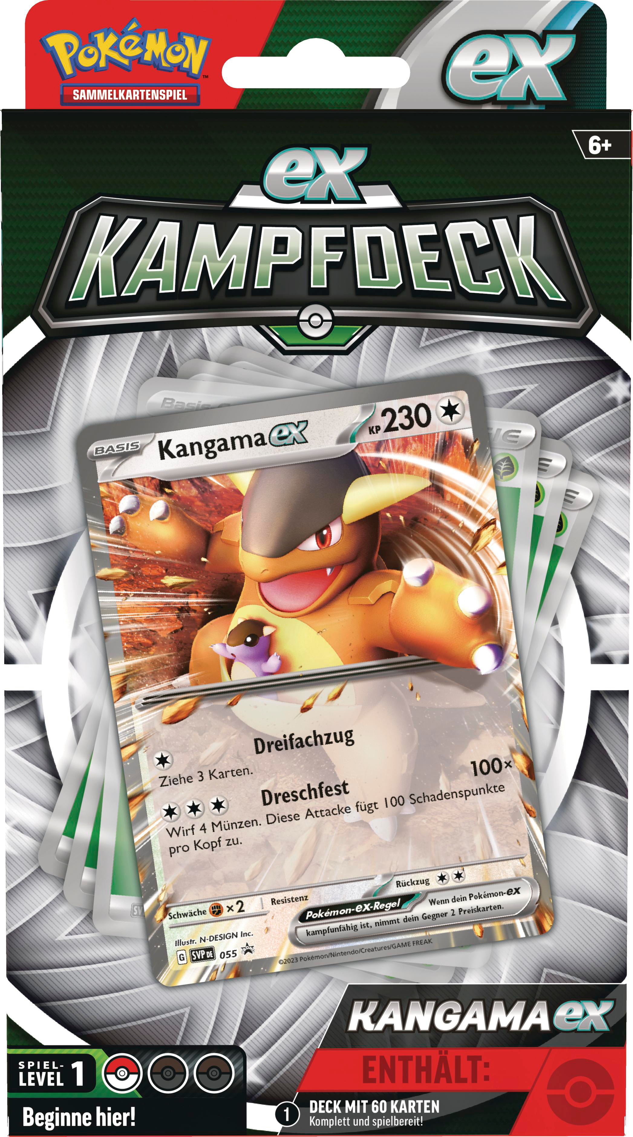 Pokemon-Sammelkartenspiel-Packung. Kangama EX-Karte ist sichtbar. Text auf der Packung auf Deutsch.