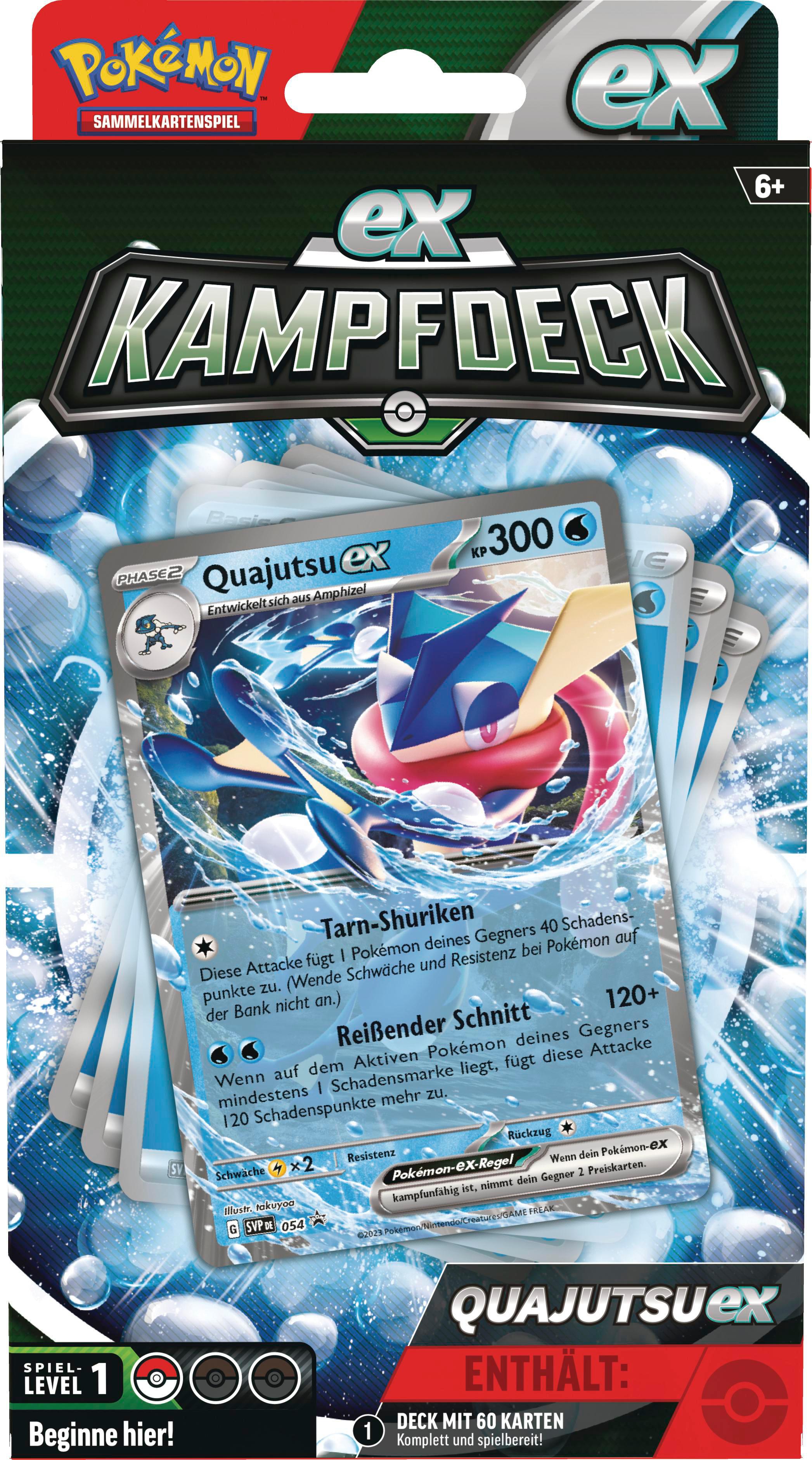 Pokemon EX-Kartenspielbox. Enthält eine Pokemon-Karte mit blauem Hintergrund und eine weiße Box mit Text.