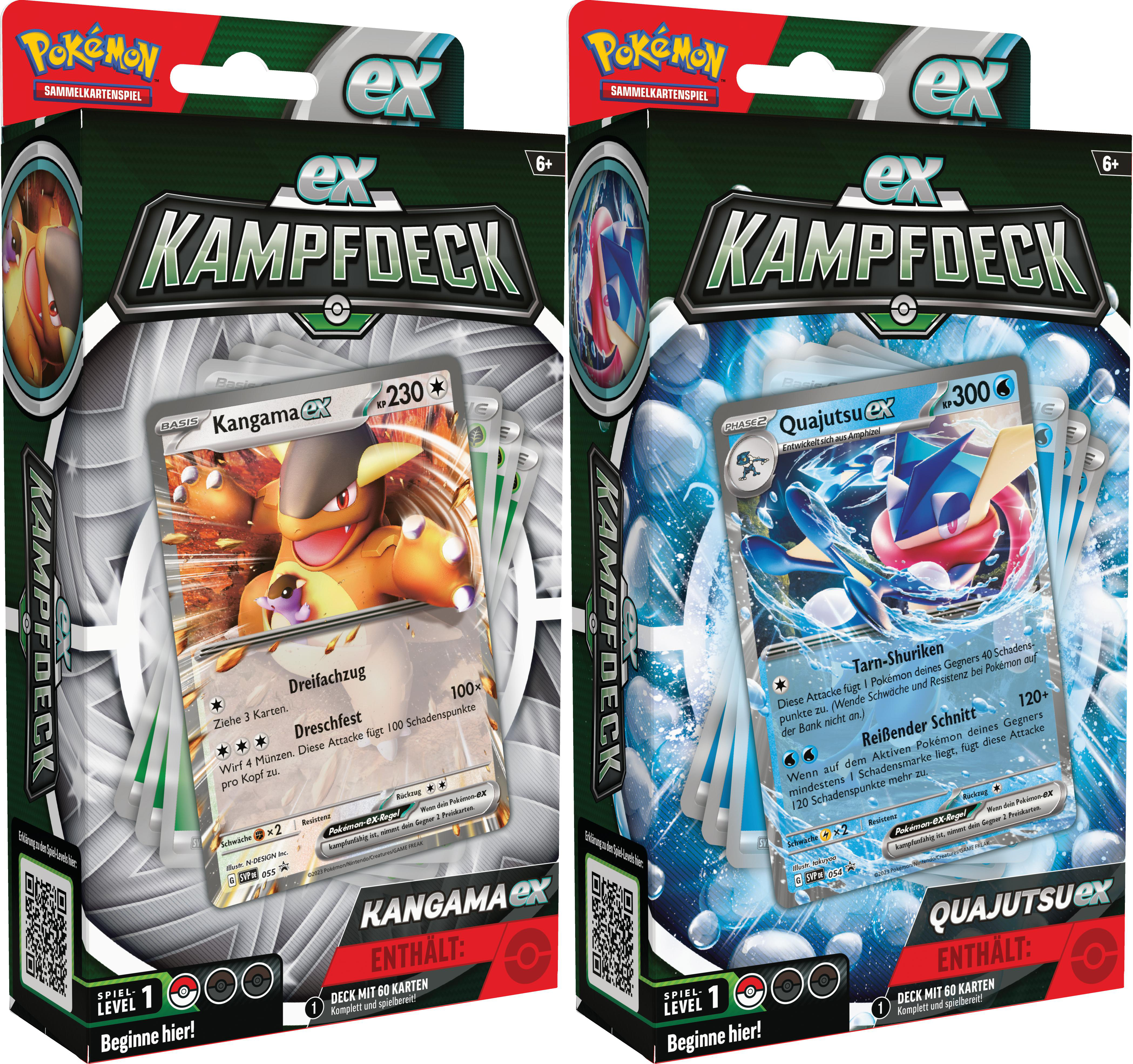 Zwei Pokémon-Kartenspielboxen. Jede enthält ein Pokémon und Kartendecks. Text und Grafiken werden gezeigt.