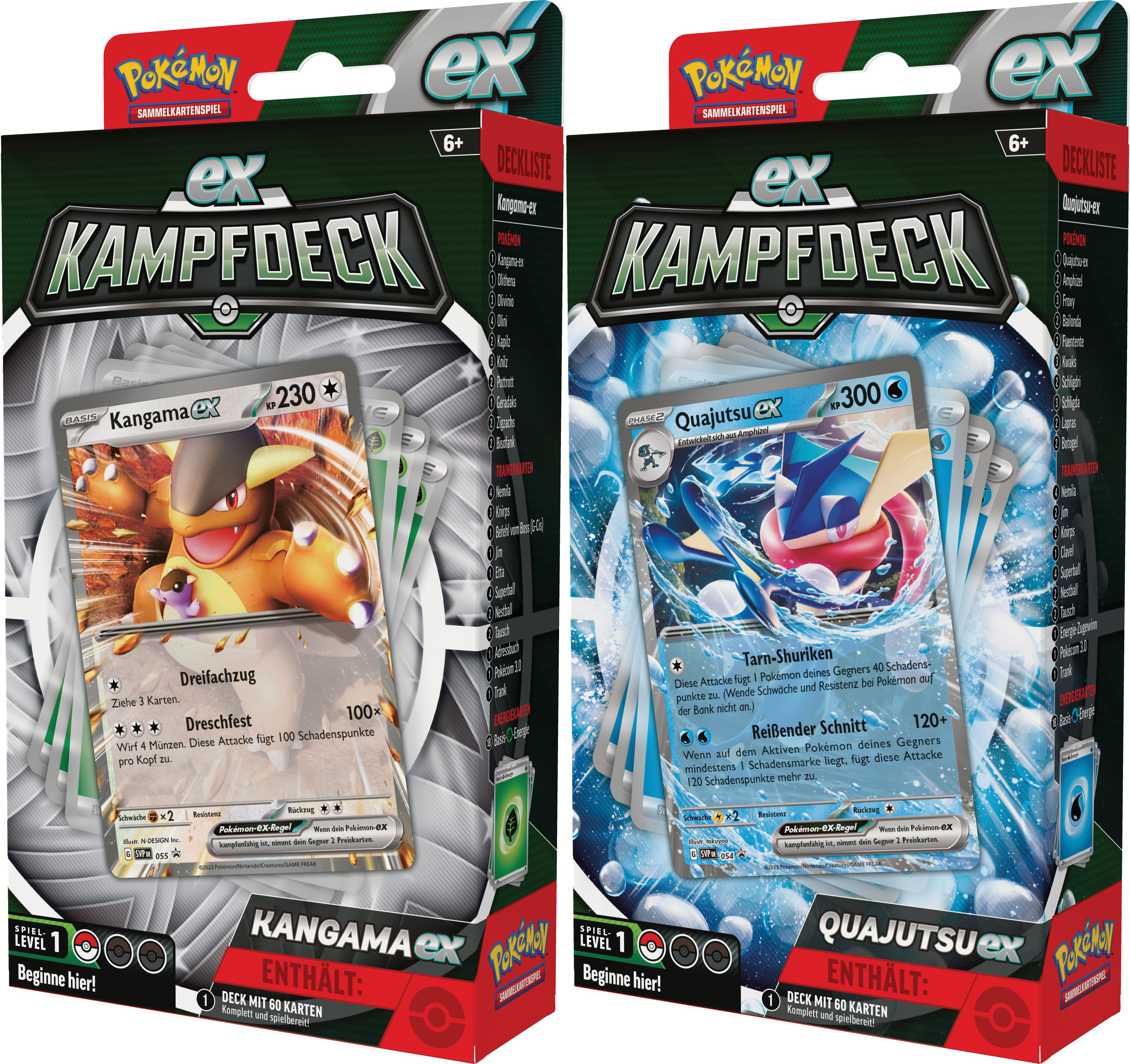 Zwei Pokémon-Kartenboxen. Die linke hat eine Kangama-Karte und die rechte eine Quajutsu-Karte.