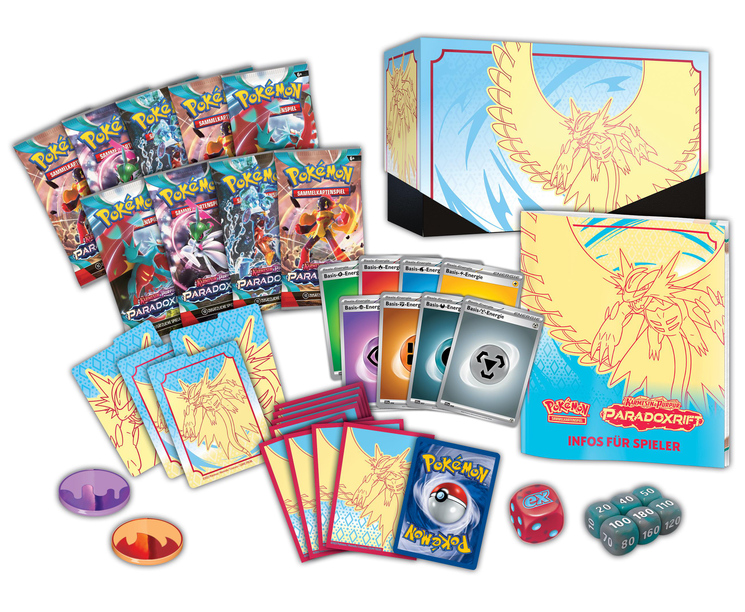 Pokemon Paradox Rift Booster Packs, Karten, Würfel und eine Deckbox liegen auf einer weißen Oberfläche.
