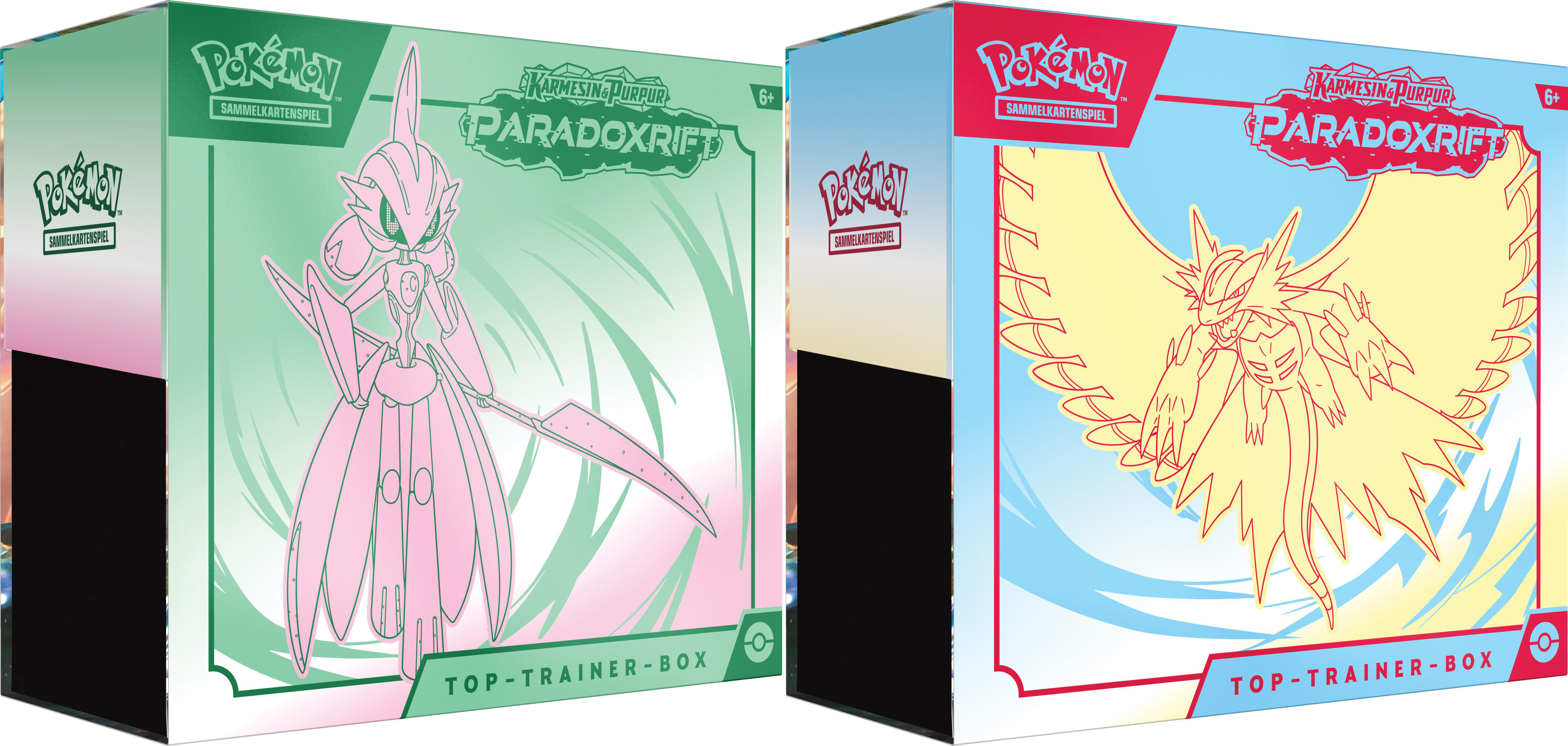 Zwei Pokemon TCG-Boxen. Eine ist grün mit einem rosa Pokemon, die andere blau mit einem goldenen Pokemon.