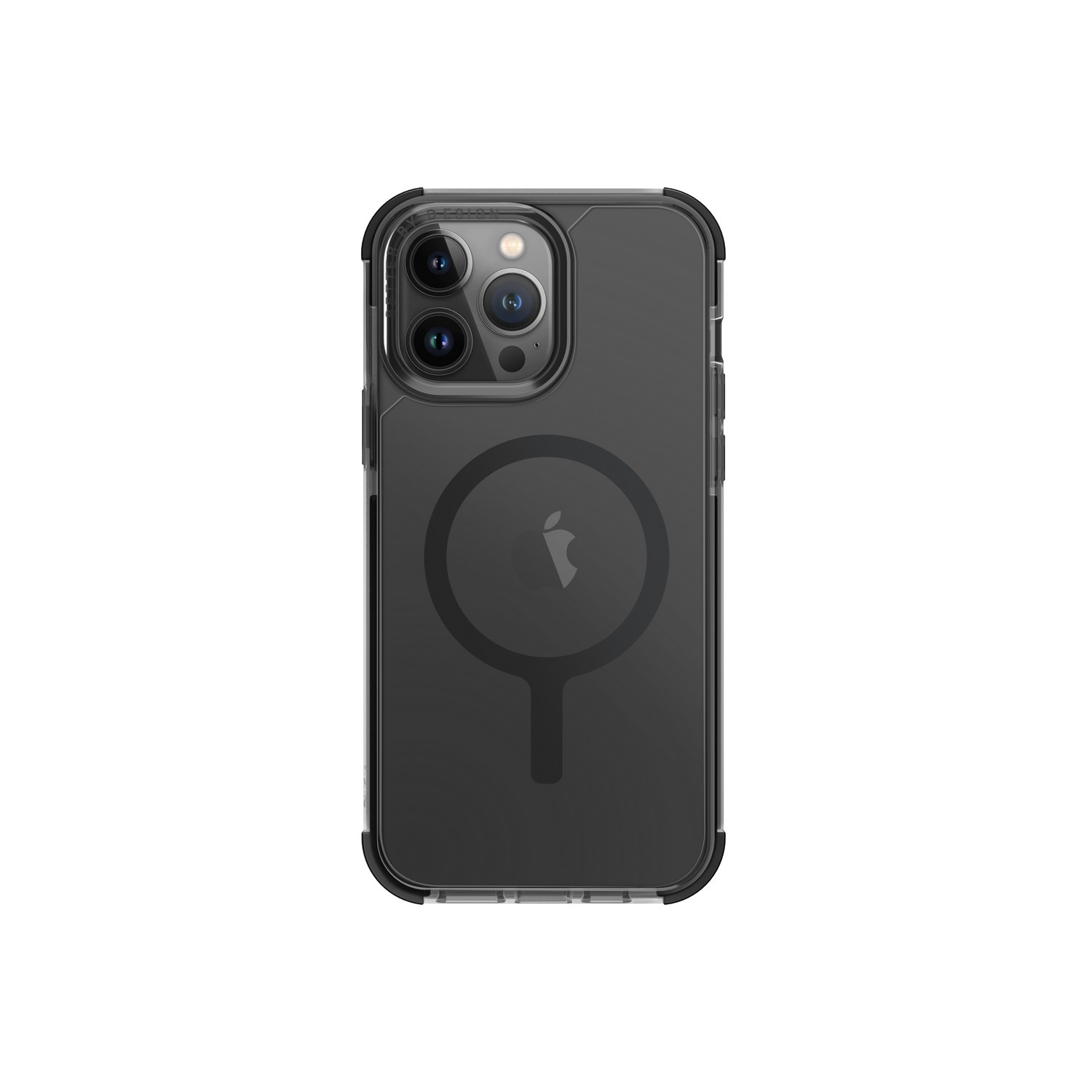 Une coque de smartphone avec un cadre noir et un dos transparent, avec un anneau MagSafe.