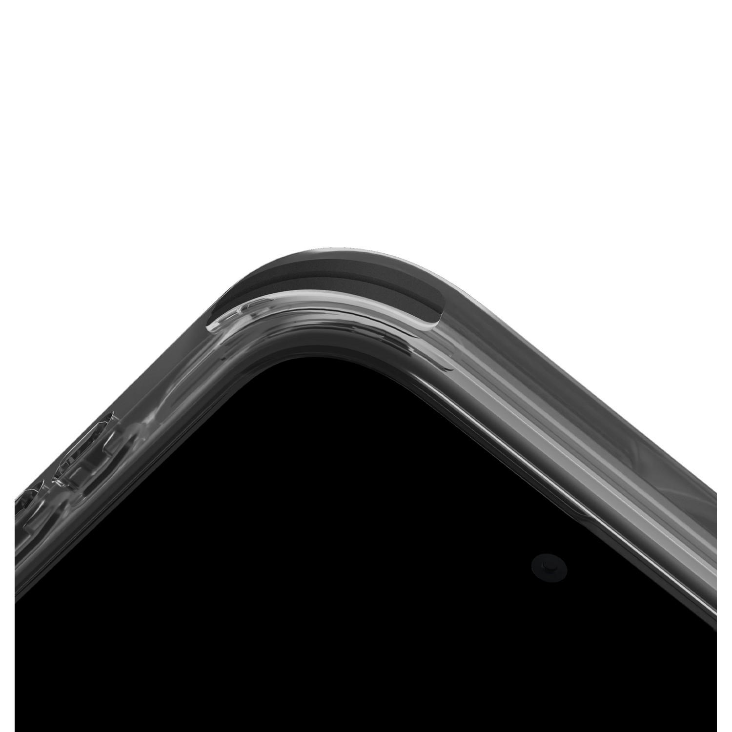 Gros plan d'une coque de téléphone transparente sur un téléphone noir, montrant le coin incurvé.