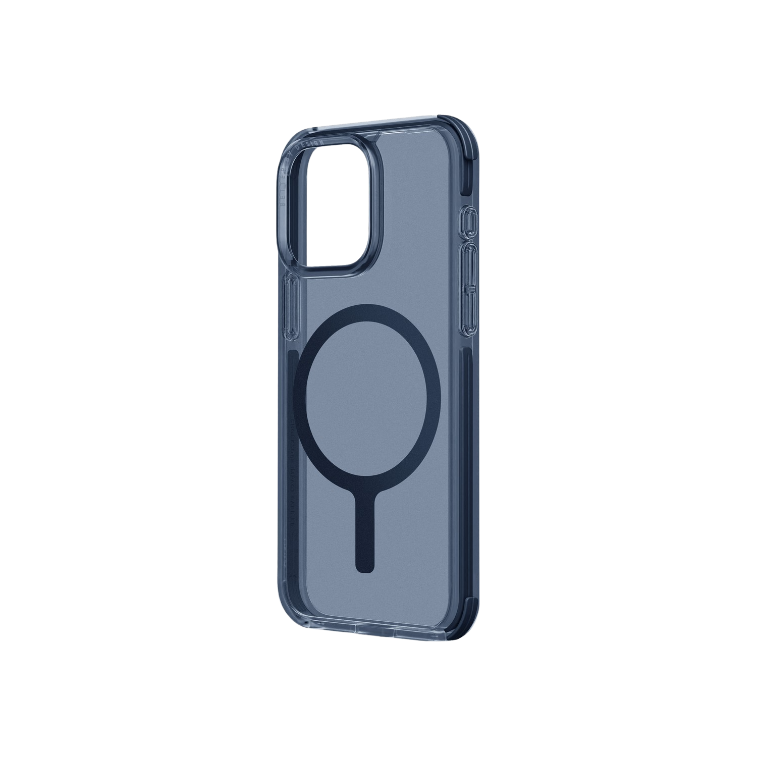 Coque de téléphone transparente avec un anneau bleu foncé et un cercle noir au dos.