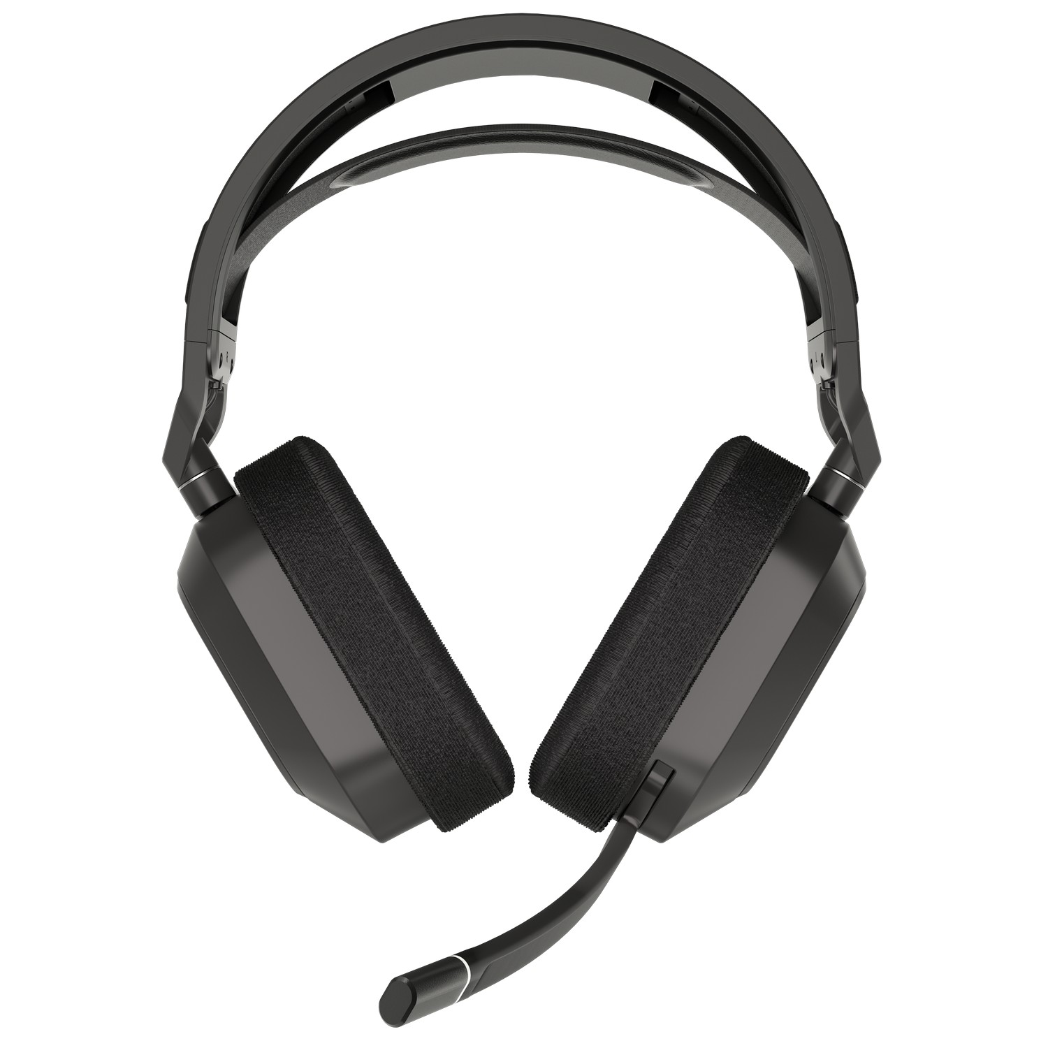 Casque de jeu noir avec microphone. Le design présente des oreillettes carrées et un bandeau.