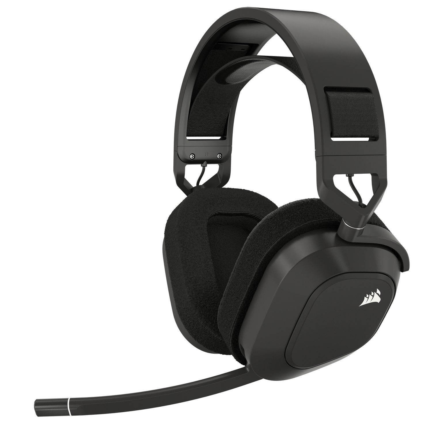 Casque de jeu Corsair noir avec un microphone. Le casque est sur un fond blanc.