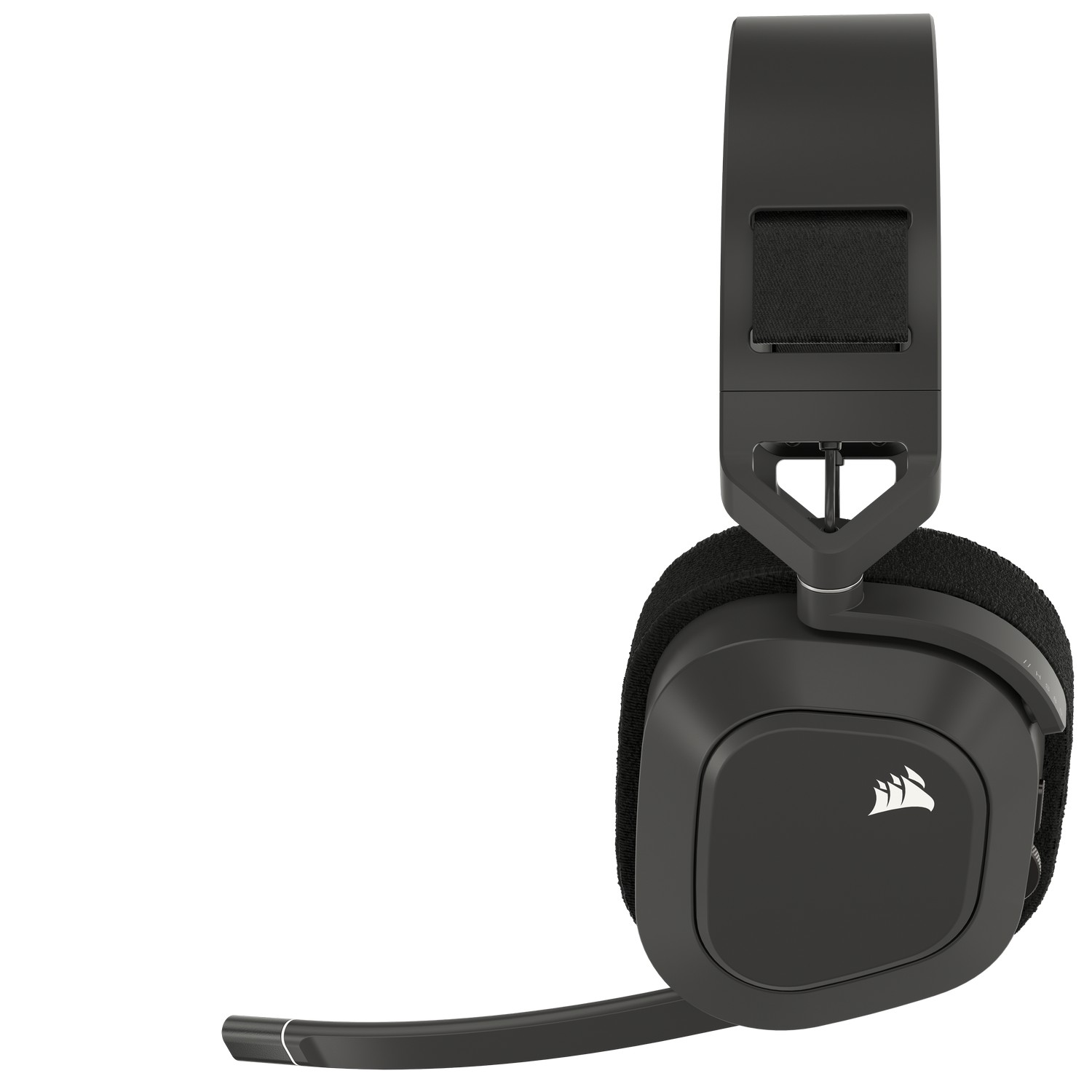 Casque noir avec microphone. Logo Corsair sur le côté. Fond blanc.