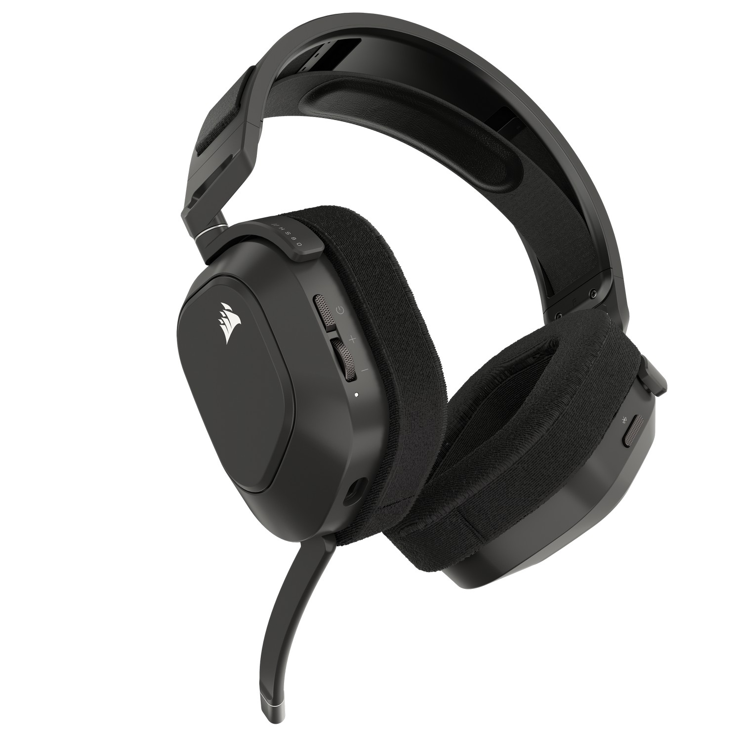 Casque de jeu Corsair noir, incliné. Le microphone est déployé, fond blanc.