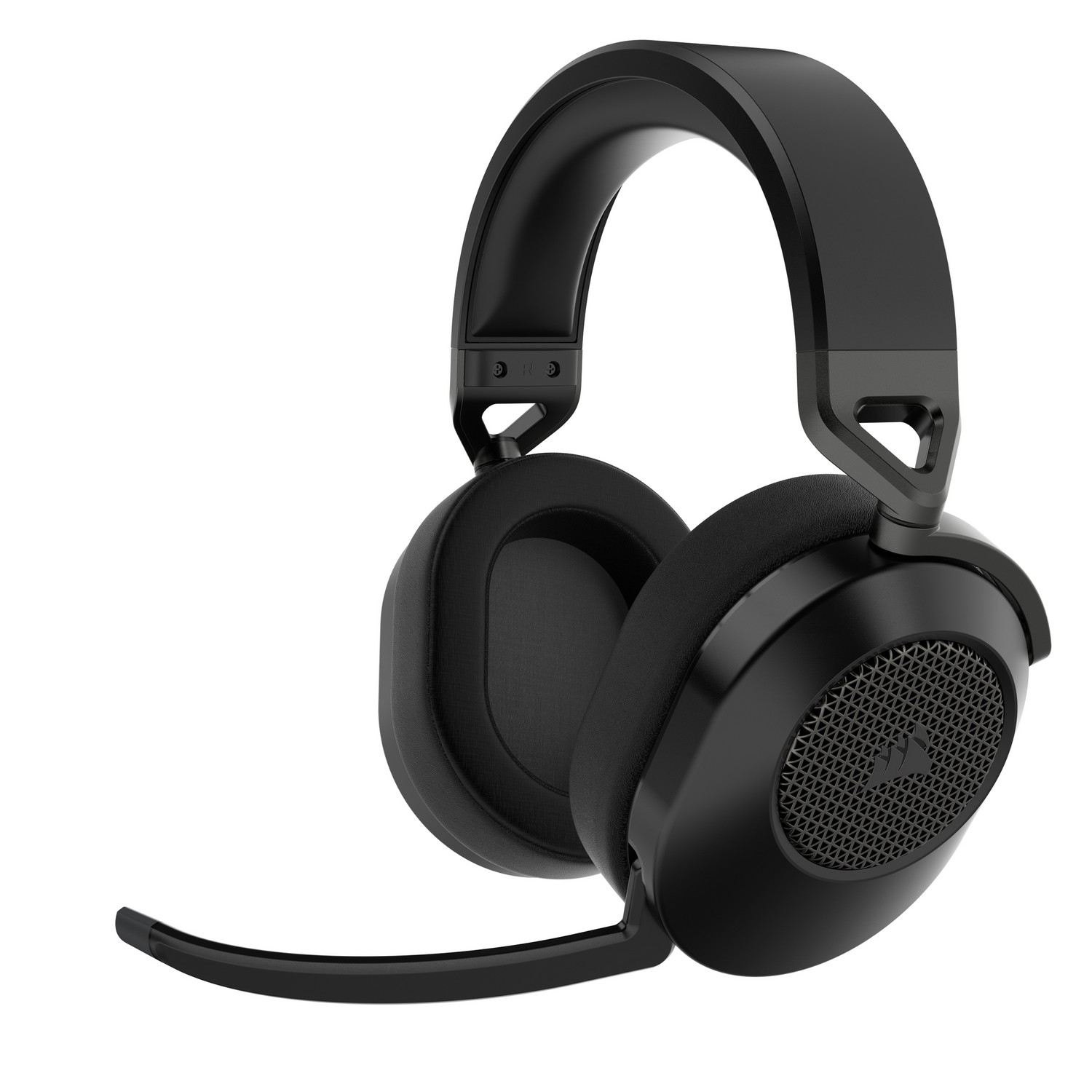 Casque noir avec microphone. Écouteurs et bandeau visibles.