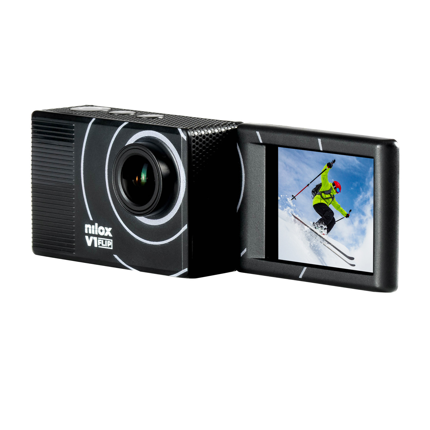Videocamera d'azione nera con schermo aperto che mostra uno sciatore.