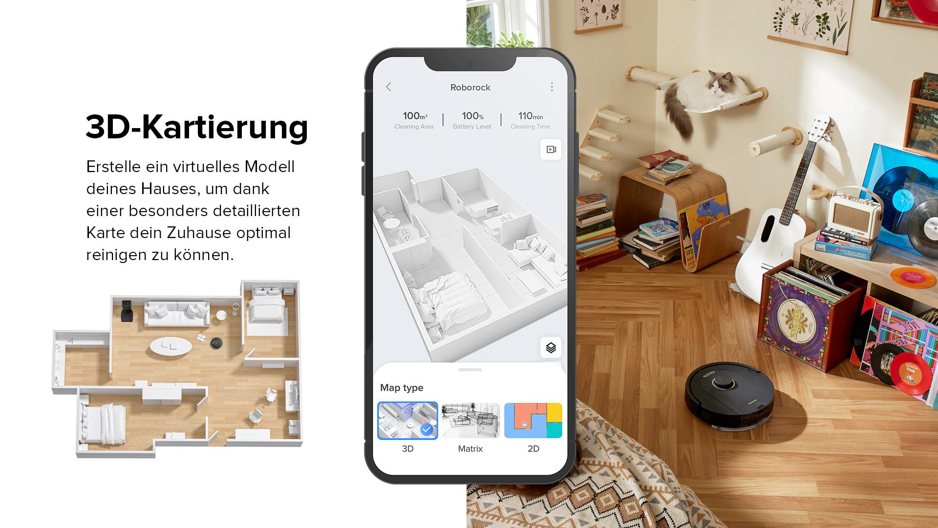 Roborock-App auf dem Telefon zeigt 3D-Grundriss, Innenszene.