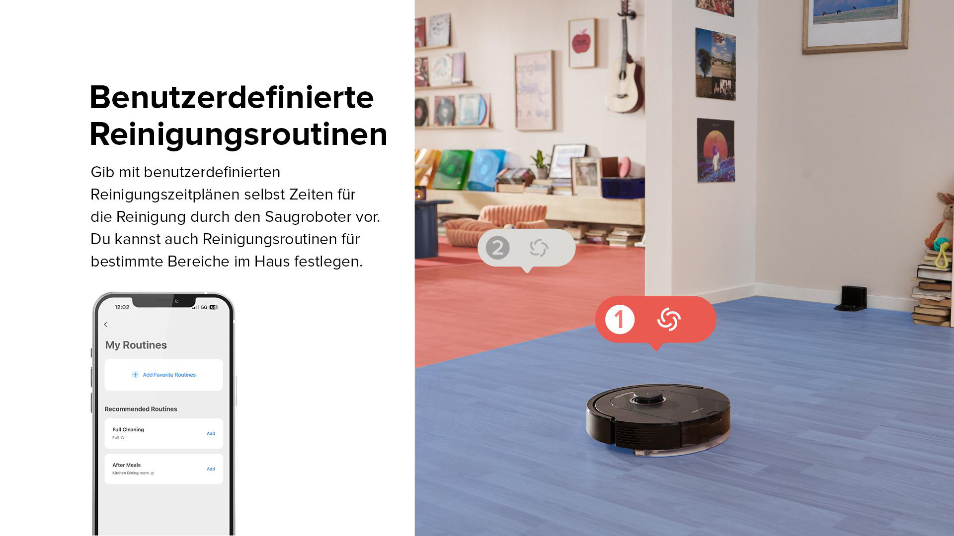 Ein Roboter-Staubsauger auf blauem Boden, mit einem Telefonbildschirm, der Einstellungen anzeigt. Wohnzimmer im Hintergrund.