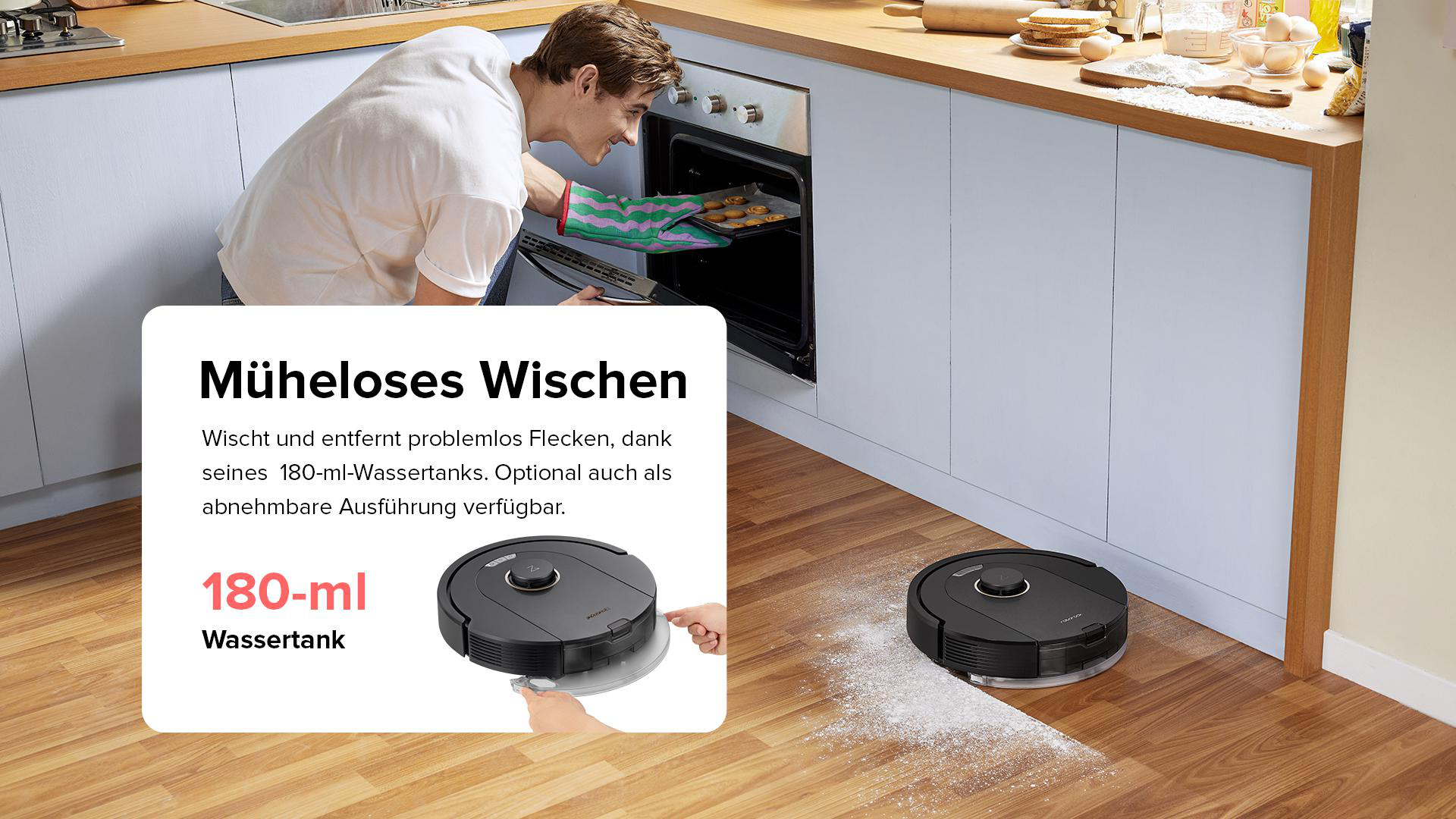 Mann wischt Boden mit Roboterstaubsauger. Text: "Müheloses Wischen", 180-ml-Wassertank.