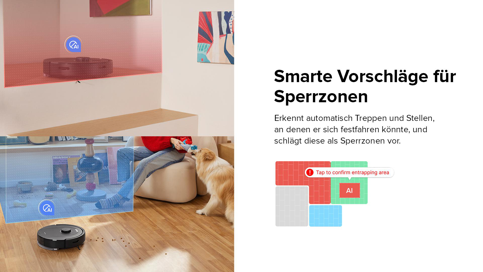 Roboter-Staubsauger mit Grundriss, Textüberlagerung.
