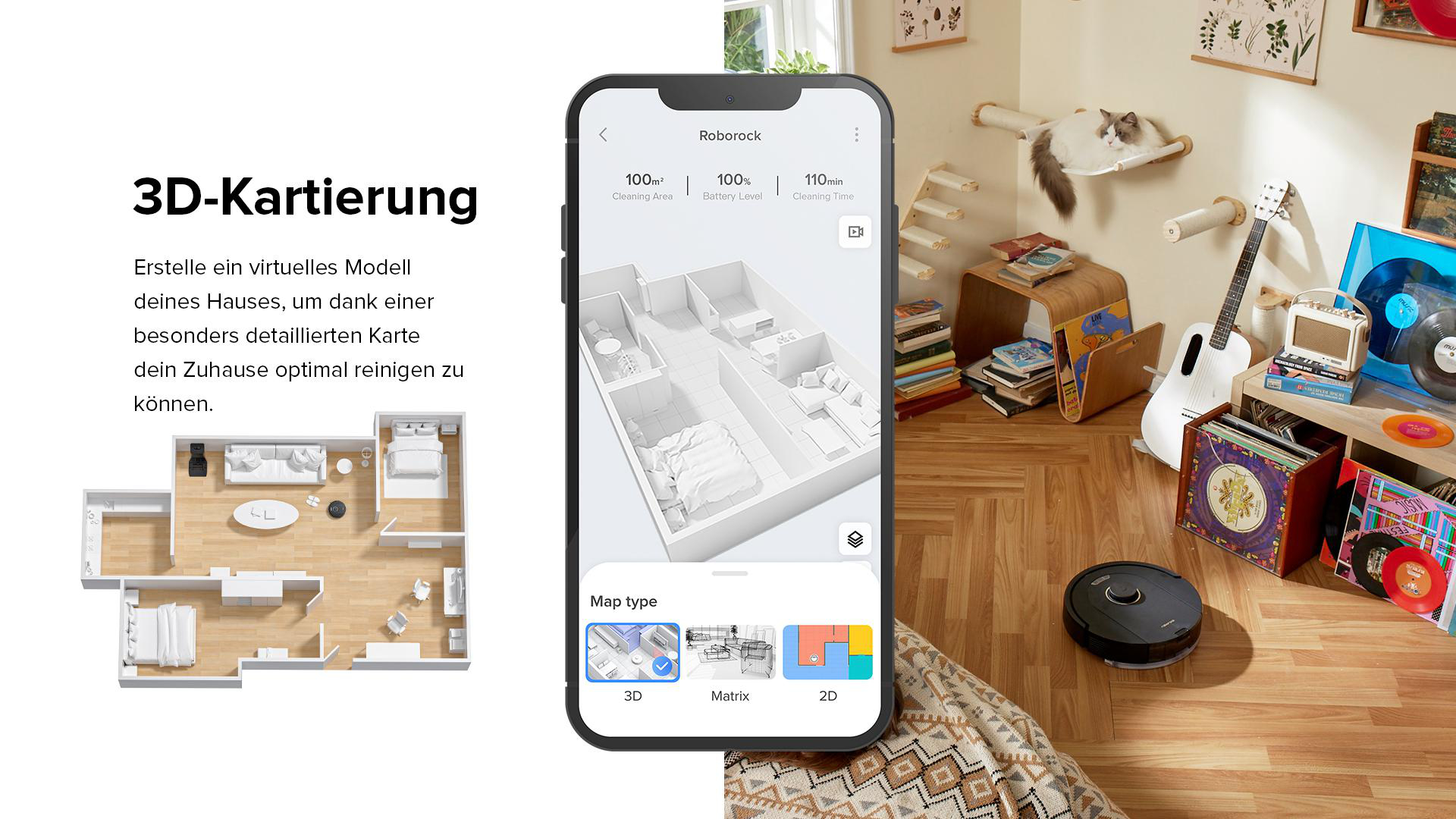 Ein Raum mit einem Reinigungsroboter, Sofa und Pflanzen, ein Telefon mit Karte ist sichtbar.