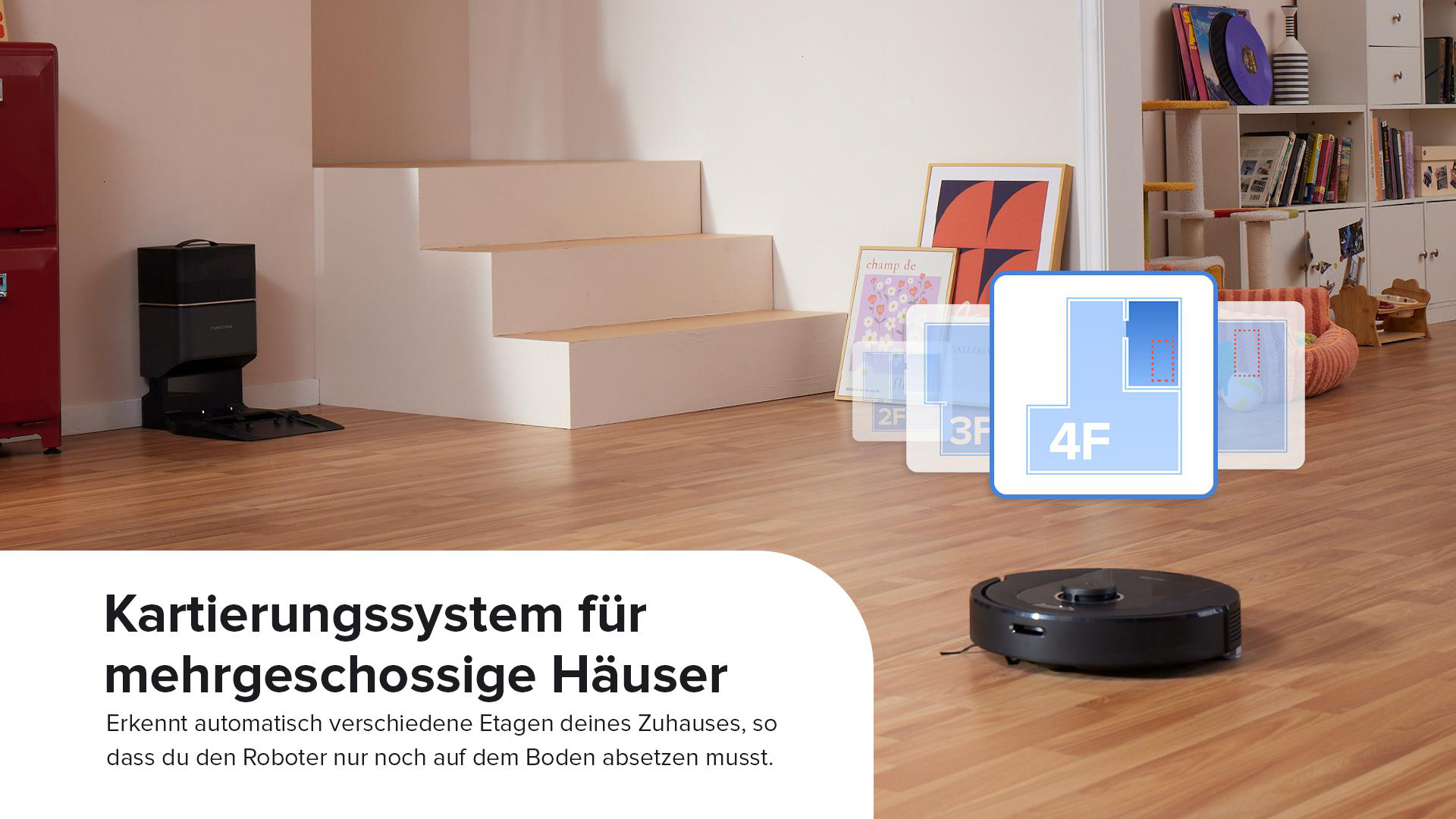 Roboter-Staubsauger kartiert mehrstöckiges Haus mit Grundriss-Overlays.