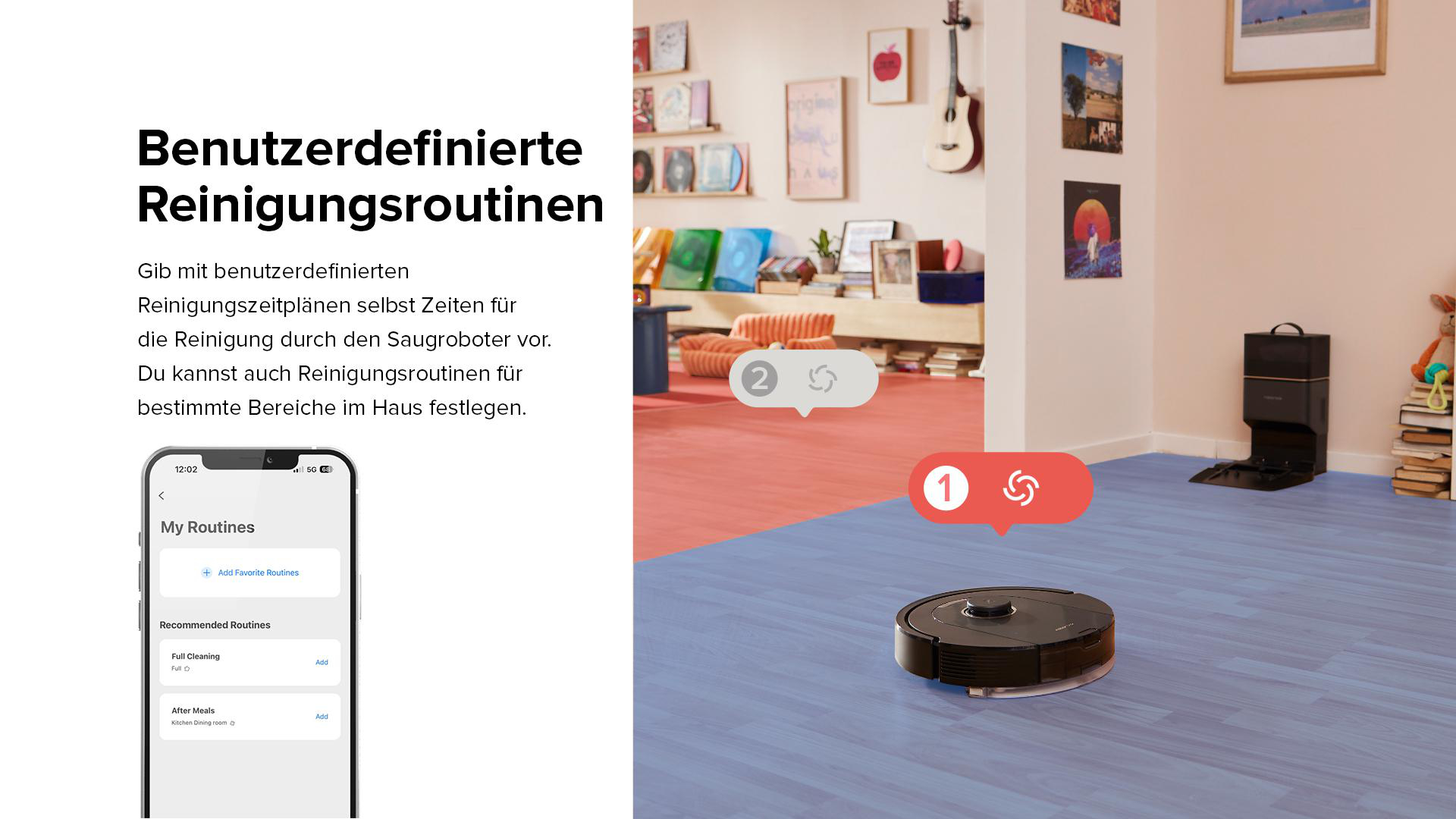 Ein Roboter-Staubsauger reinigt einen Raum. Ein Telefonbildschirm zeigt Reinigungsroutinen.
