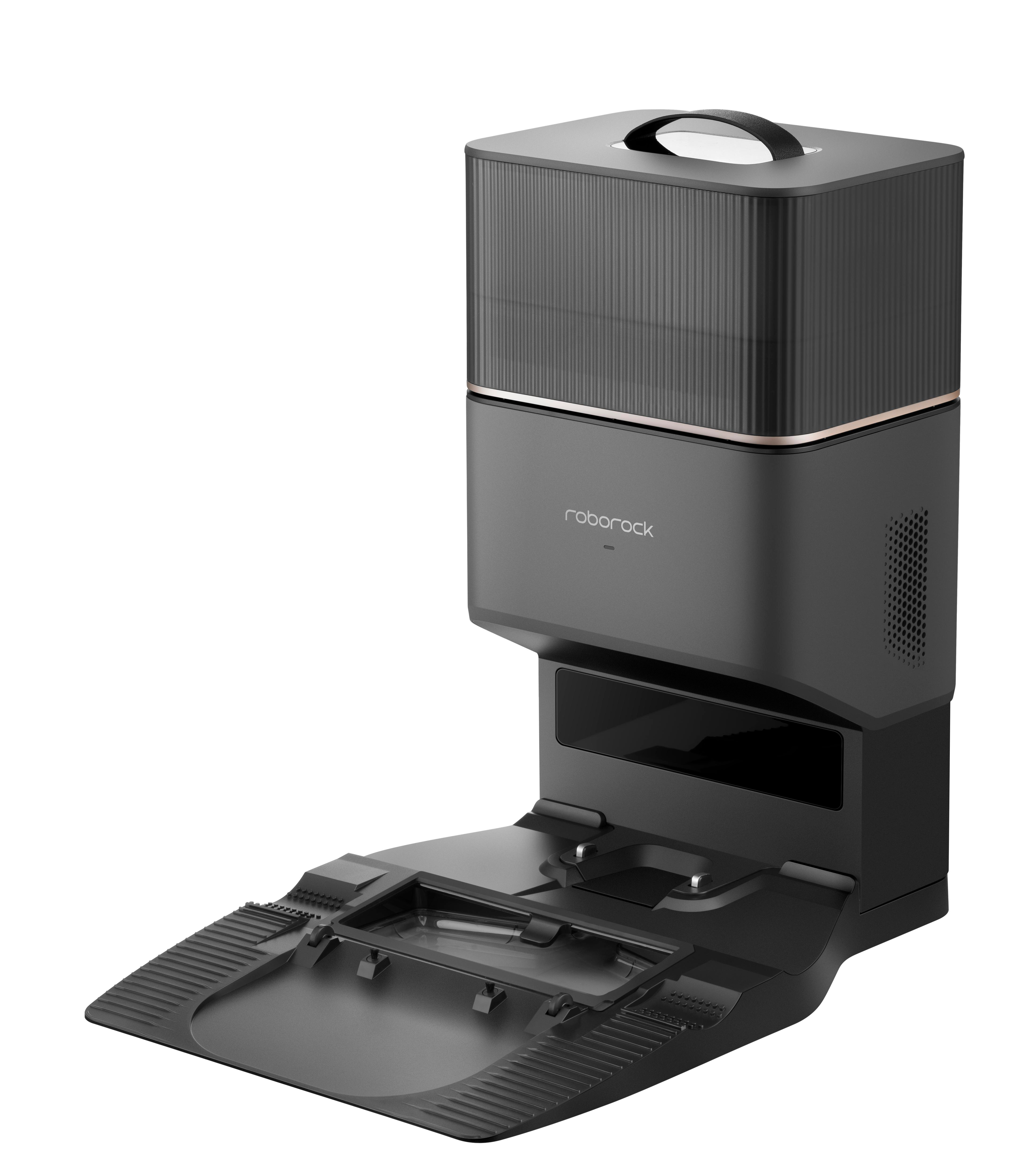 Schwarze und graue Basisstation für Roboter-Staubsauger. Der Roboter ist angedockt.