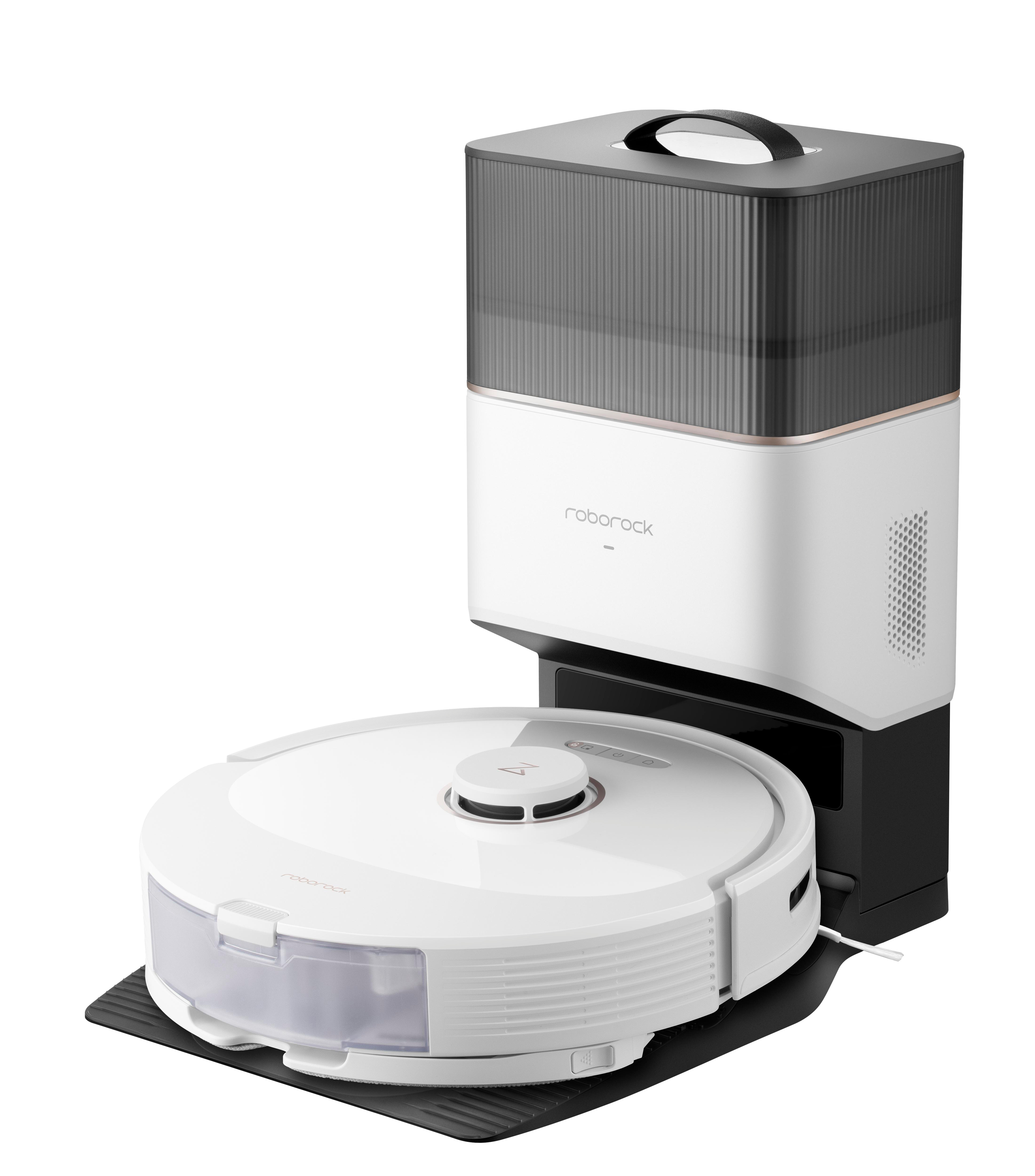 Weiß-schwarzer Roboter-Staubsauger mit Ladestation auf einer schwarzen Matte.