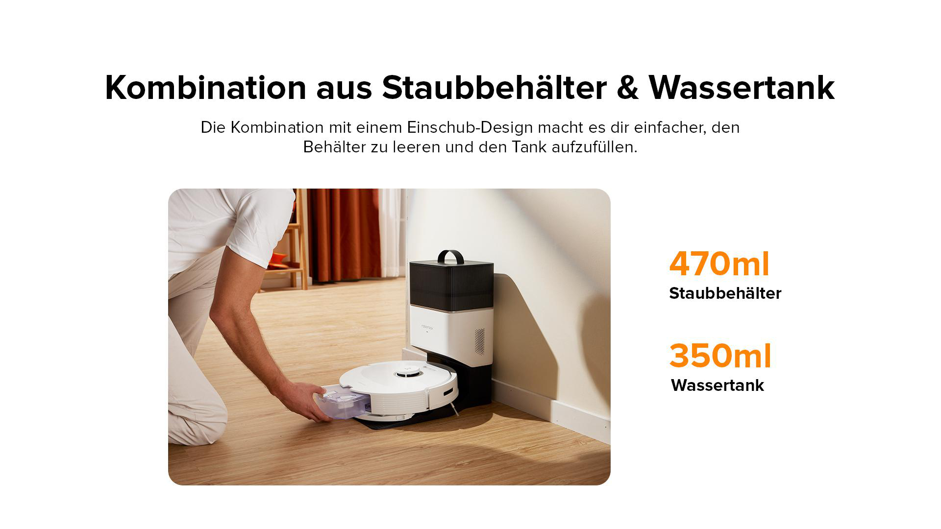 Person befüllt den Wassertank eines Roboterstaubsaugers. Text: 'Staubbehälter & Wassertank Kombination'.