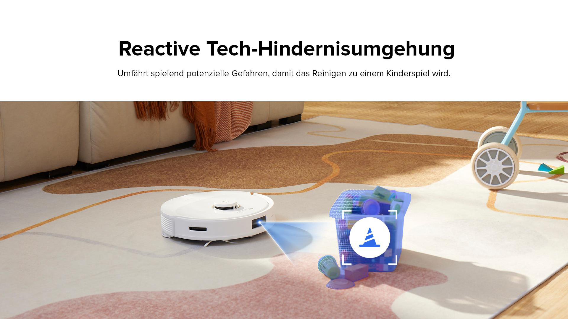 Roboter-Staubsauger auf einem Teppich. Er vermeidet Objekte. Eine blaue Grafik veranschaulicht die Funktion.