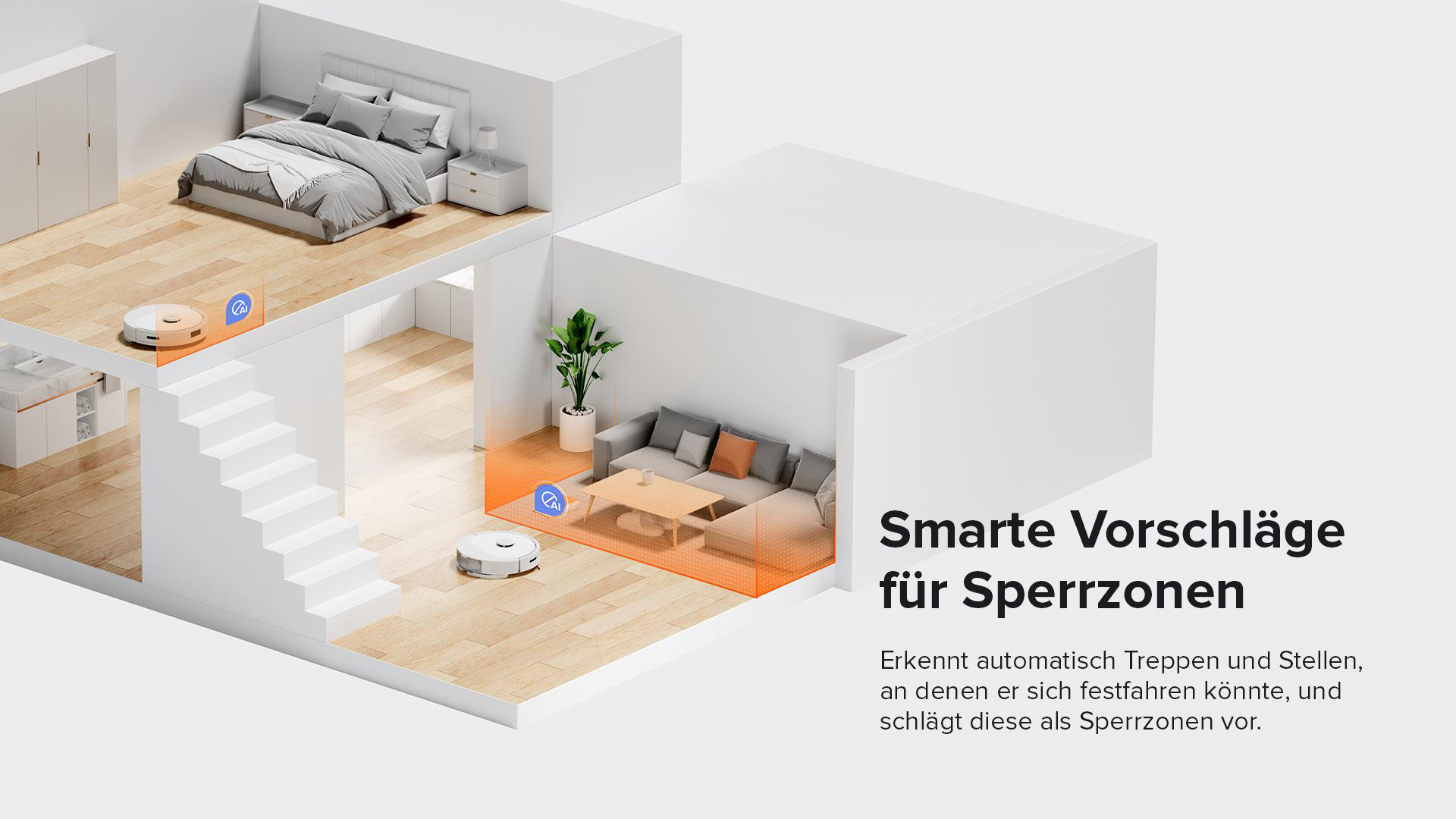 Diagramm eines Hauses mit Roboterstaubsauger. Text auf Deutsch über Zonen.