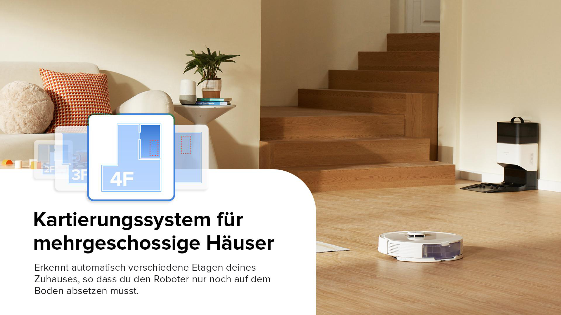 Ein Roboter-Staubsauger, Grundriss und Treppe. Text auf Deutsch.