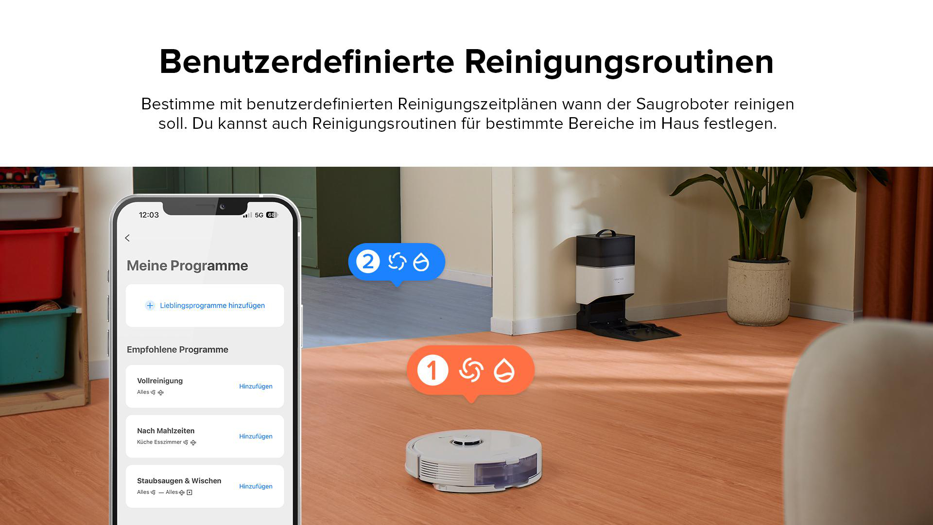 Ein Telefonbildschirm mit einer Benutzeroberfläche einer Roboter-Staubsauger-App.