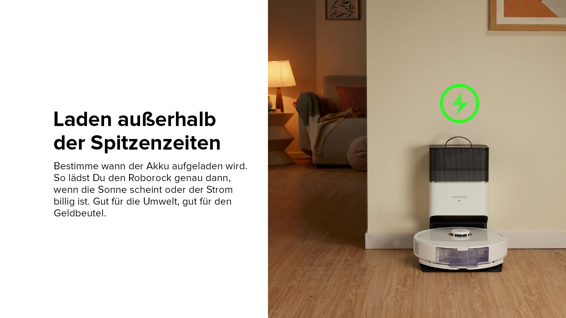 Ein Roboter-Staubsauger lädt auf weißem Boden in der Nähe einer Wand.