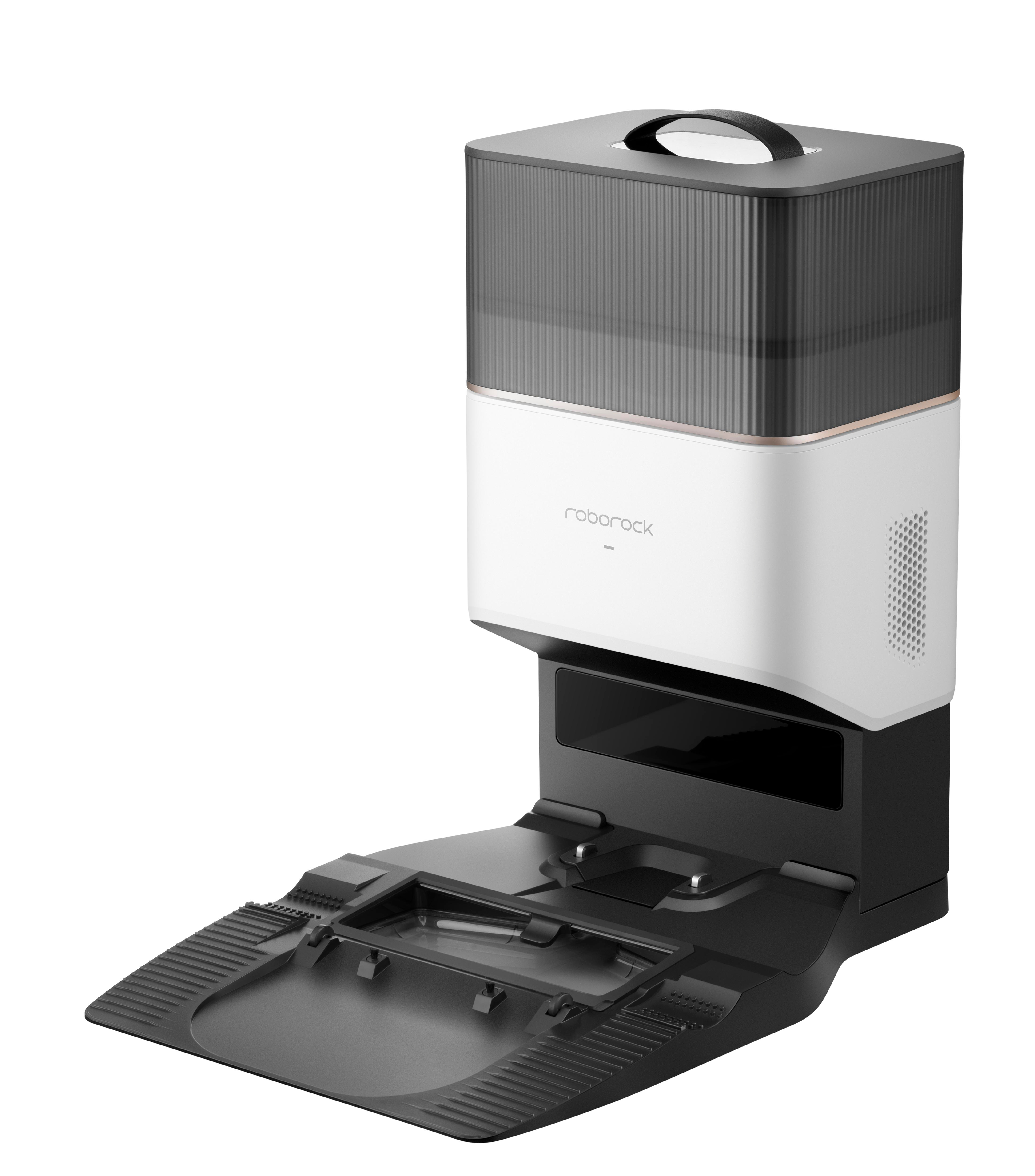 Roboter-Staubsauger. Schwarz-weißes Design. Oberteil mit Griff. Weißer Hintergrund.