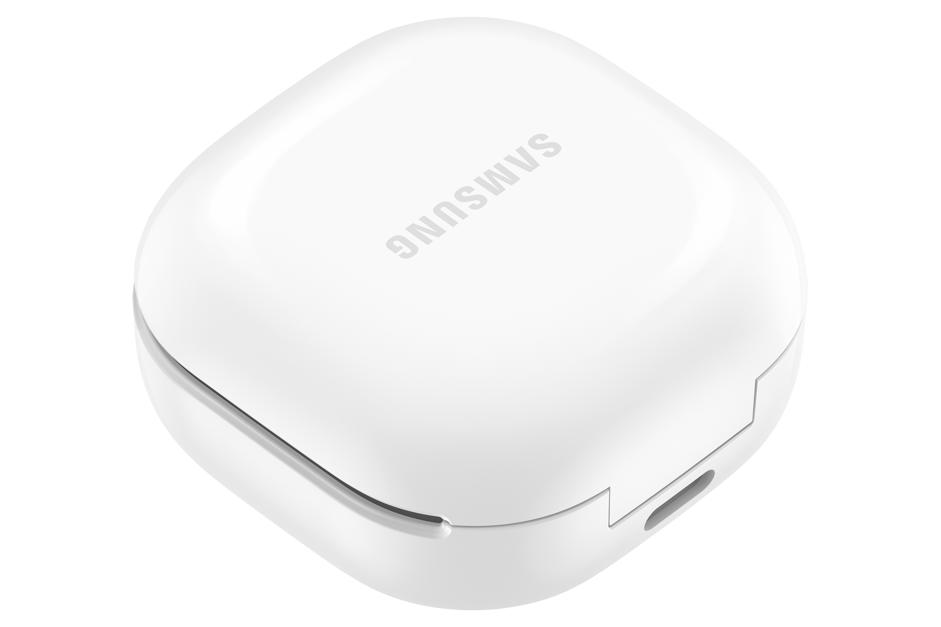 Eine weiße, quadratische Samsung-Hülle mit abgerundeten Ecken und dem Samsung-Logo.