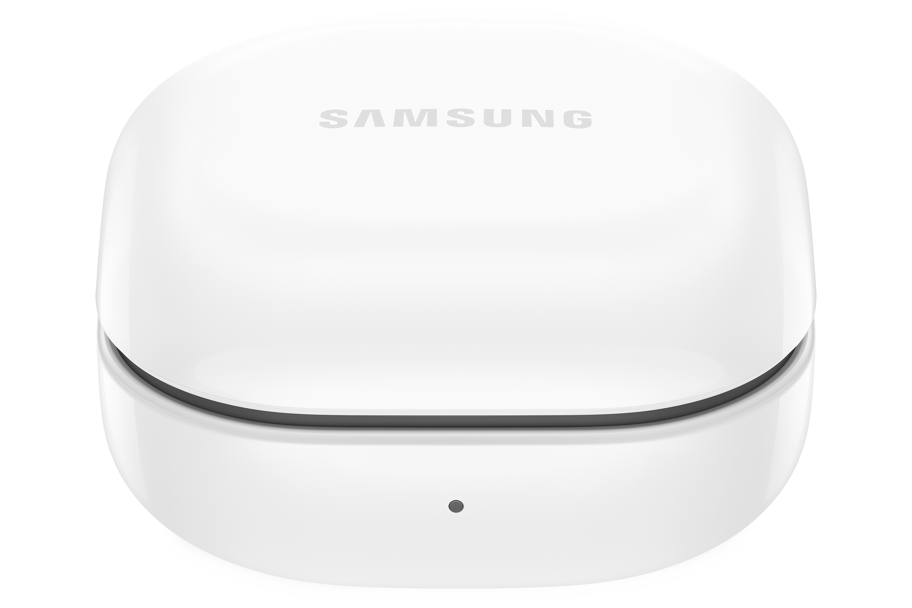 Weißes Ladecase für Ohrhörer. Das Samsung-Logo ist oben sichtbar.