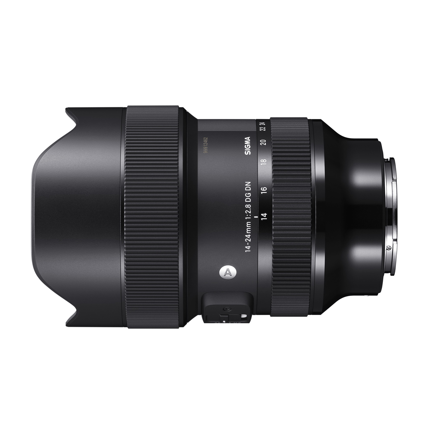 Obiettivo della fotocamera nero su sfondo bianco. L'obiettivo è cilindrico e ha marcature e un paraluce.