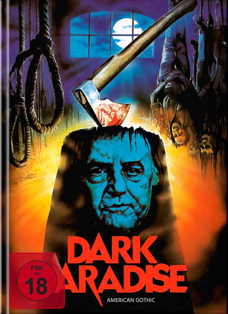 Dark Paradise Filmplakat. Zeigt ein Männergesicht, eine Axt und hängende Figuren.