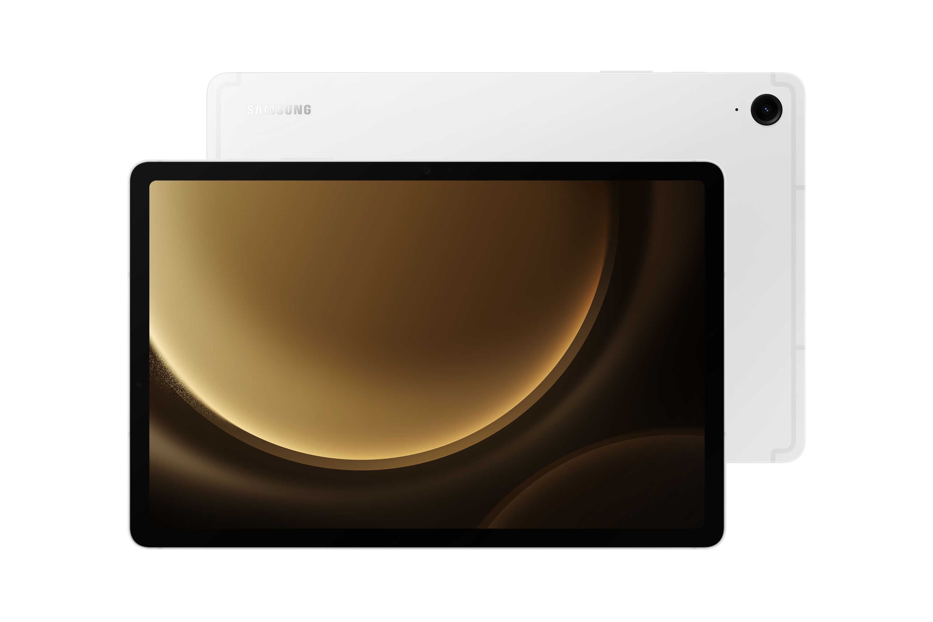 Zwei Samsung-Tablets. Eines im Display, das andere auf der Rückseite, mit goldfarbenem Bildschirm auf schwarzem Grund.