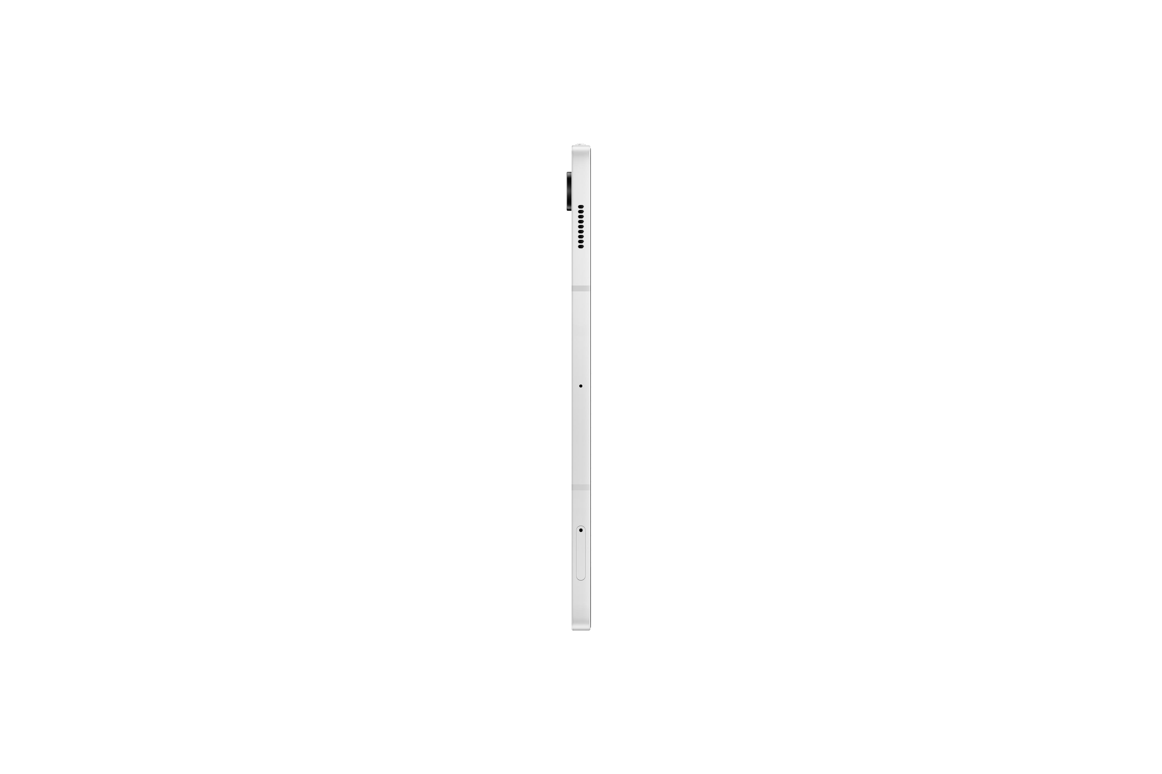 Ein weißes Tablet ist von der Seite zu sehen, mit einer Kamera und Tasten.