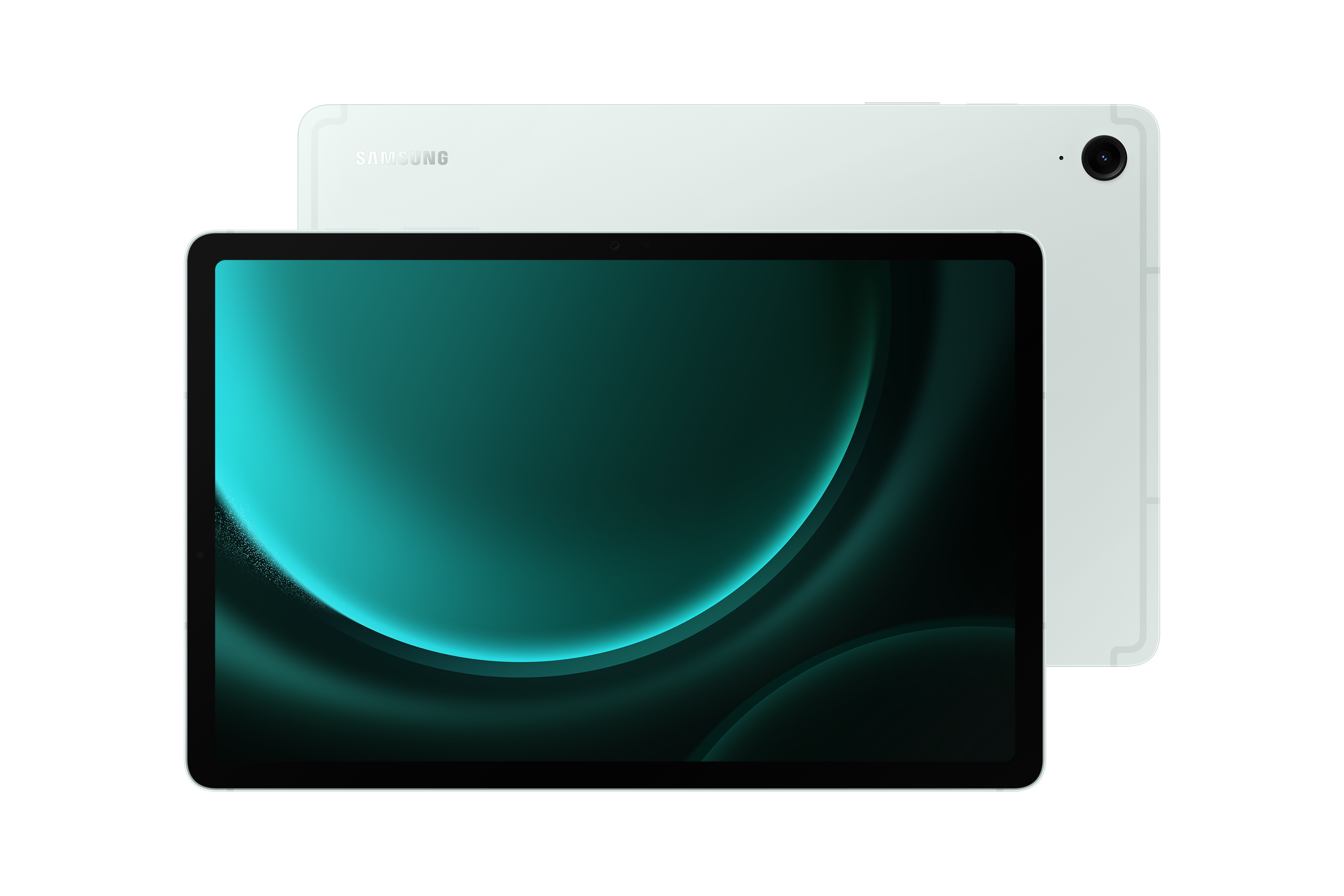 Ein Tablet mit großem Bildschirm wird gezeigt. Der Bildschirm zeigt ein türkisfarbenes abstraktes Design. Die Rückseite ist hellgrün.