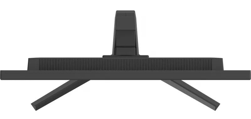 Widok od spodu czarnego monitora komputera ze stojakiem i nóżkami, na białym tle.