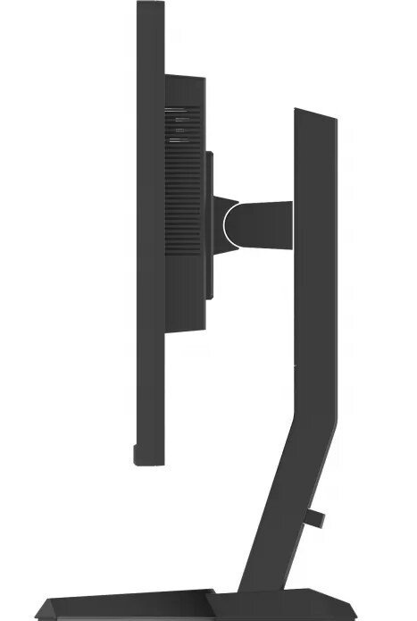 Czarny monitor komputera, widok z boku, ze stojakiem i prostokątnym ekranem.